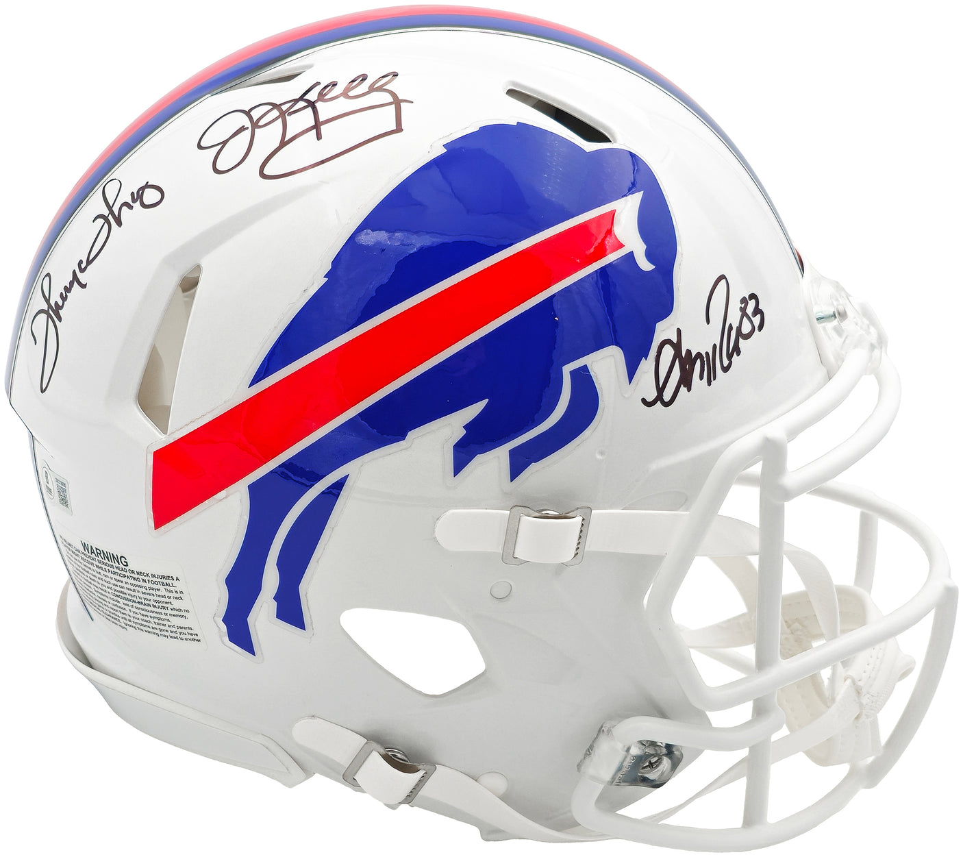 Jim Kelly, Thurman Thomas & Andre Reed Autographed Buffalo Bills Team Greats White Full Size Speed Authentic Helmet Beckett BAS Witness Stock #236170