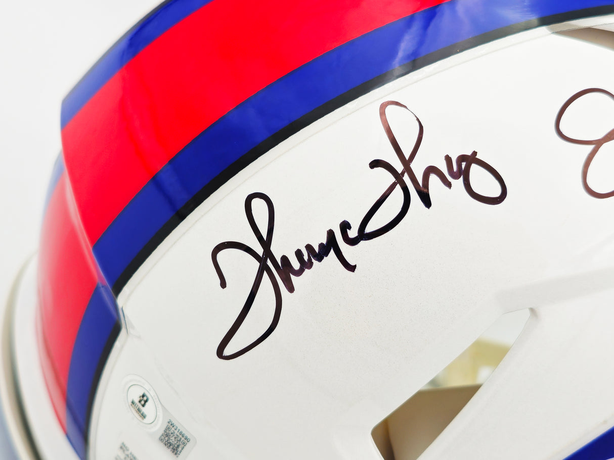 Jim Kelly, Thurman Thomas & Andre Reed Autographed Buffalo Bills Team Greats White Full Size Speed Authentic Helmet Beckett BAS Witness Stock #236170