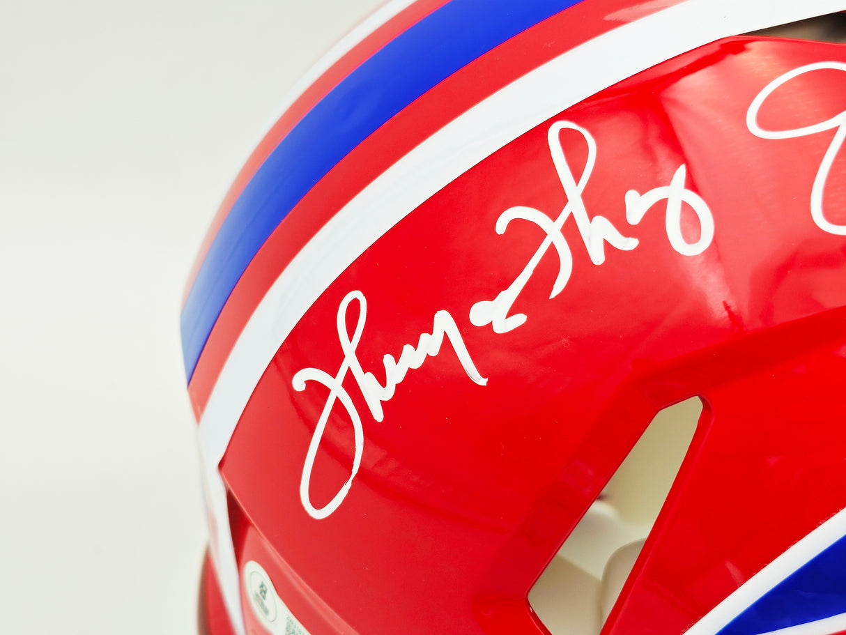 Jim Kelly, Thurman Thomas & Andre Reed Autographed Buffalo Bills Team Greats Red 1987-01 Throwback Full Size Speed Authentic Helmet Beckett BAS Witness Stock #236169