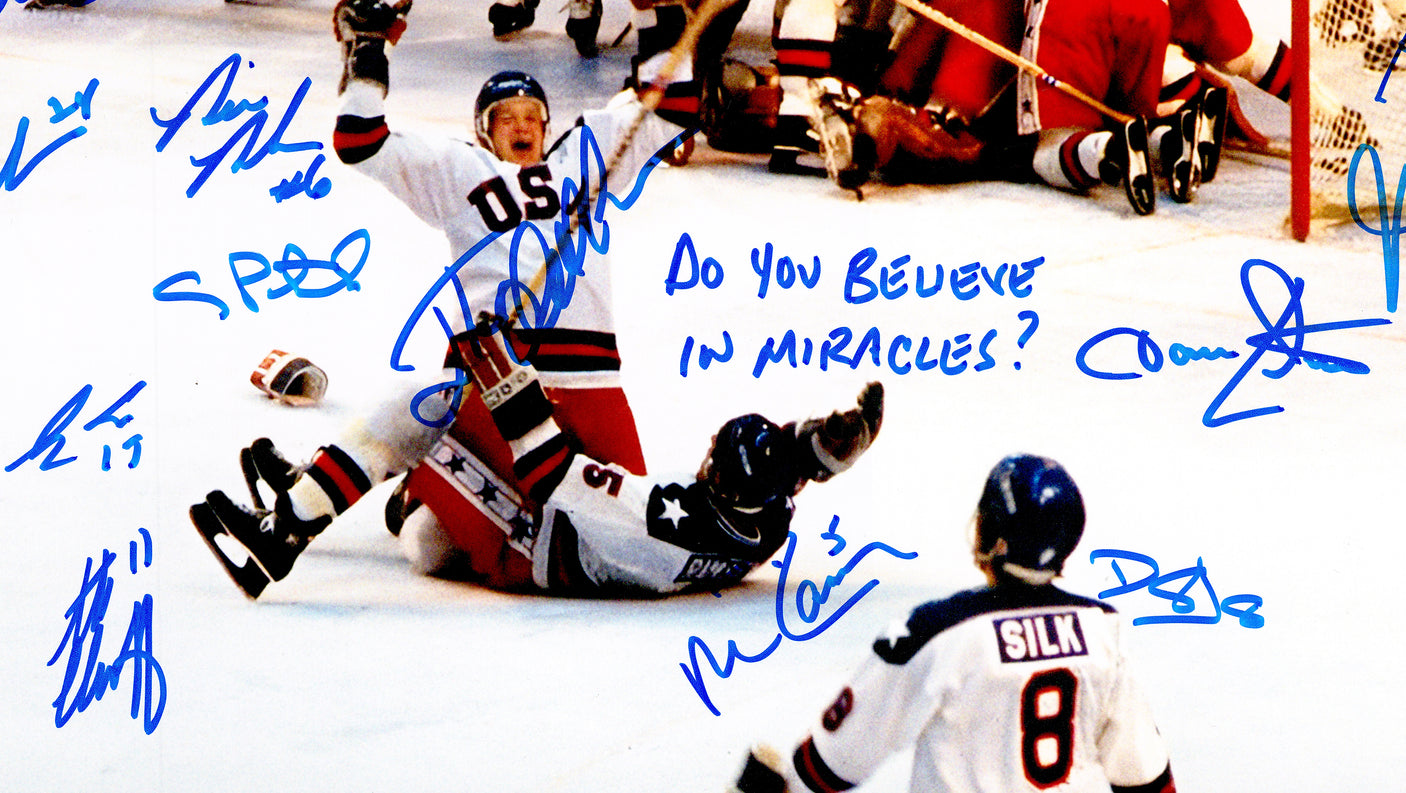 1980 USA Olympics Hockey Miracle On Ice Team Signed Autographed 16x20 Photo "Do You Believe In Miracles?!" With 18 Signatures Including Jim Craig & Mike Eruzione Beckett BAS Witness Stock #236157
