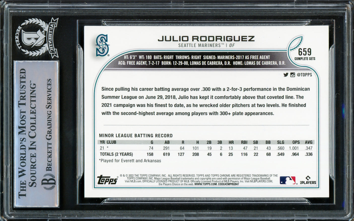 Julio Rodriguez Autographed 2022 Topps Complete Set Photo Variations Rookie Card #659 Seattle Mariners Beckett BAS Stock #221548