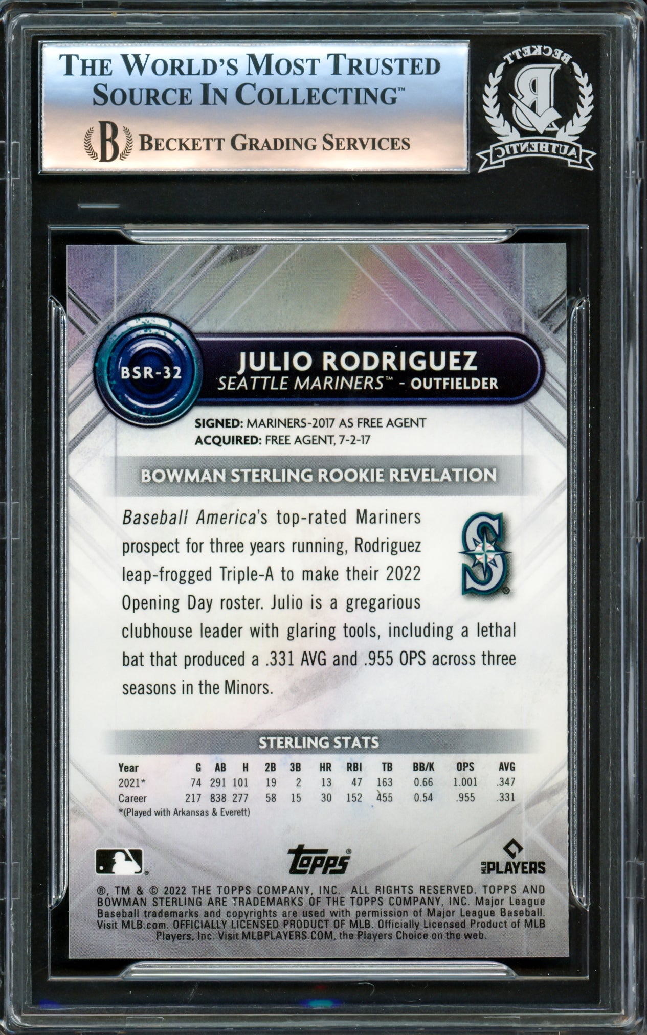 Julio Rodriguez Autographed 2022 Bowman Sterling Rookies Card #BSR32 Seattle Mariners Beckett BAS Stock #221566