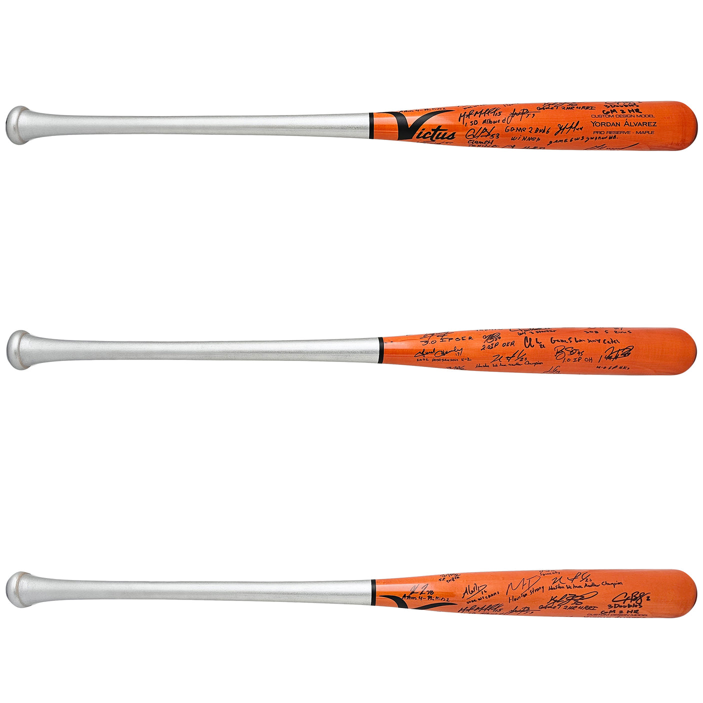 2022 World Series Champion Houston Astros Team Signed Autographed Orange & Silver Victus Yordan Alvarez Pro Reserve Maple Bat With 20 Signatures Including Jose Altuve & Yordan Alvarez Beckett BAS Witness Stock #220887