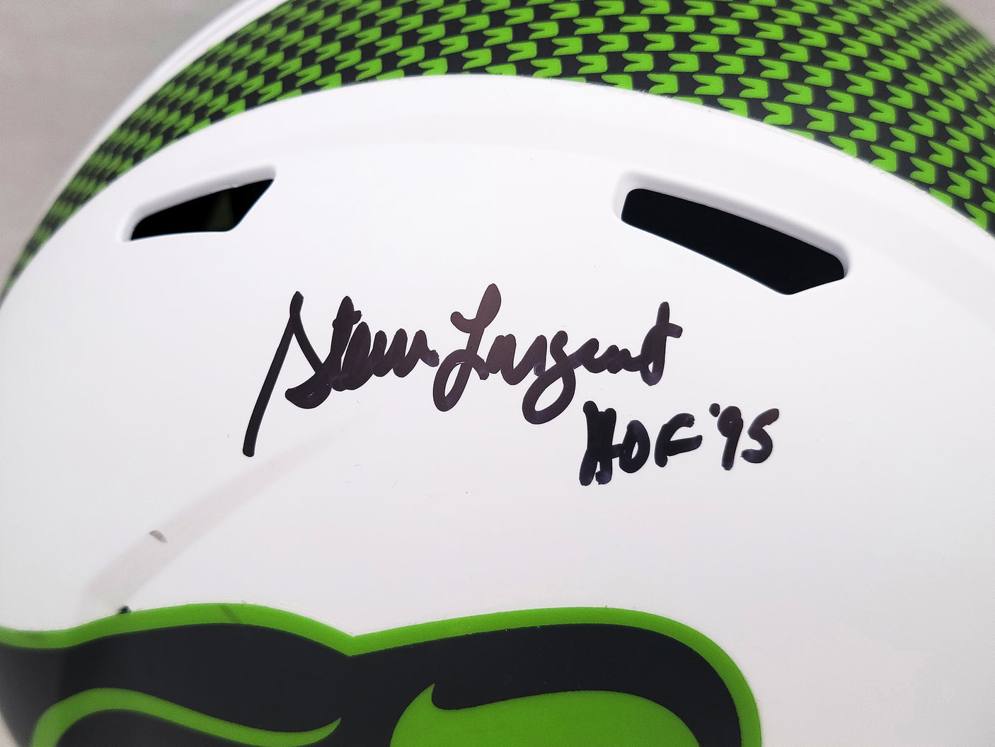 Steve Largent Autographed Seattle Seahawks Lunar Eclipse White Full Size Replica Speed Helmet "HOF 95" MCS Holo Stock #210458