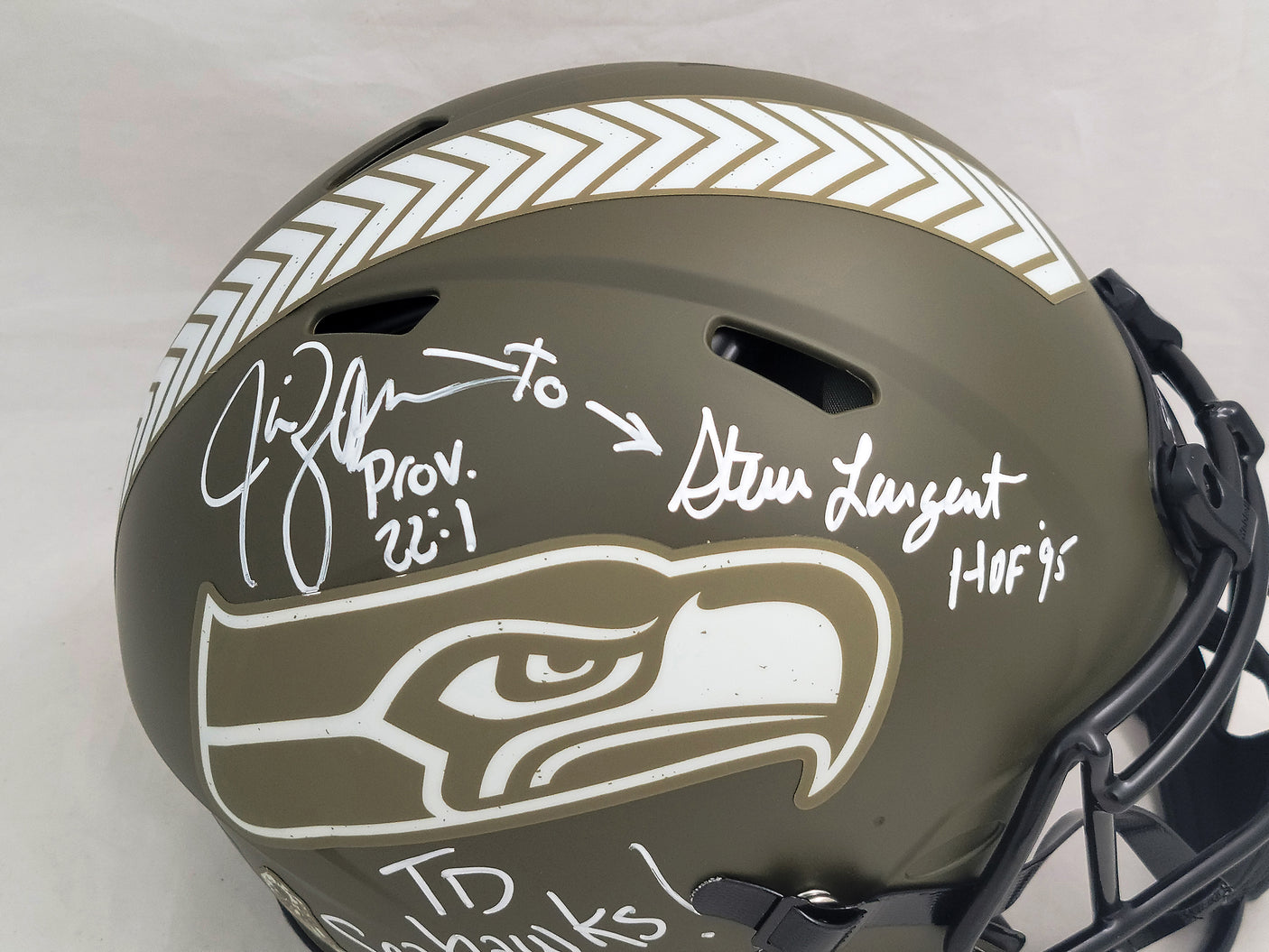 Steve Largent & Jim Zorn Autographed Seattle Seahawks Camo Salute To Service Full Size Authentic Speed Helmet "TD Seahawks!" MCS Holo Stock #210442
