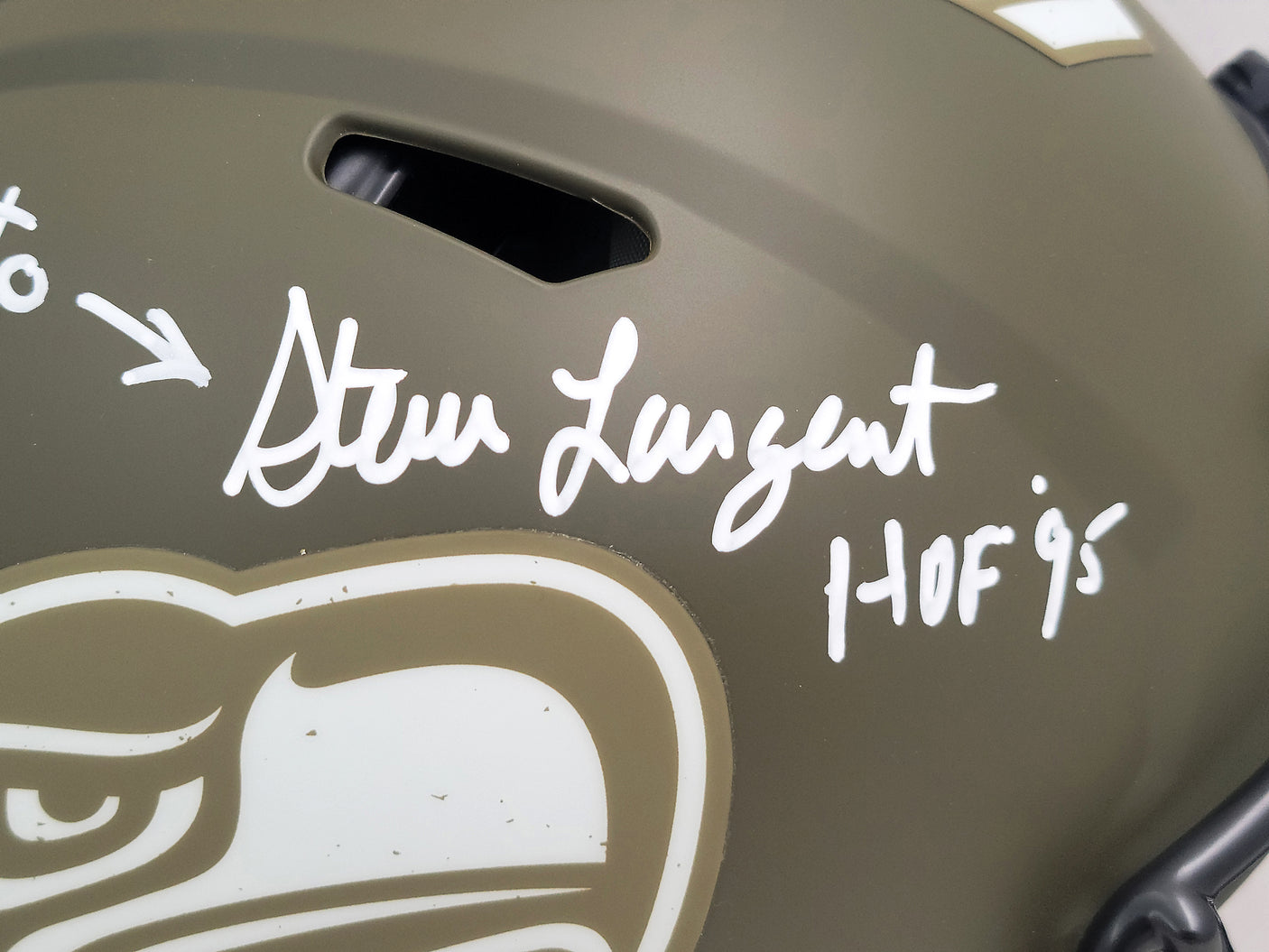 Steve Largent & Jim Zorn Autographed Seattle Seahawks Camo Salute To Service Full Size Authentic Speed Helmet "TD Seahawks!" MCS Holo Stock #210442
