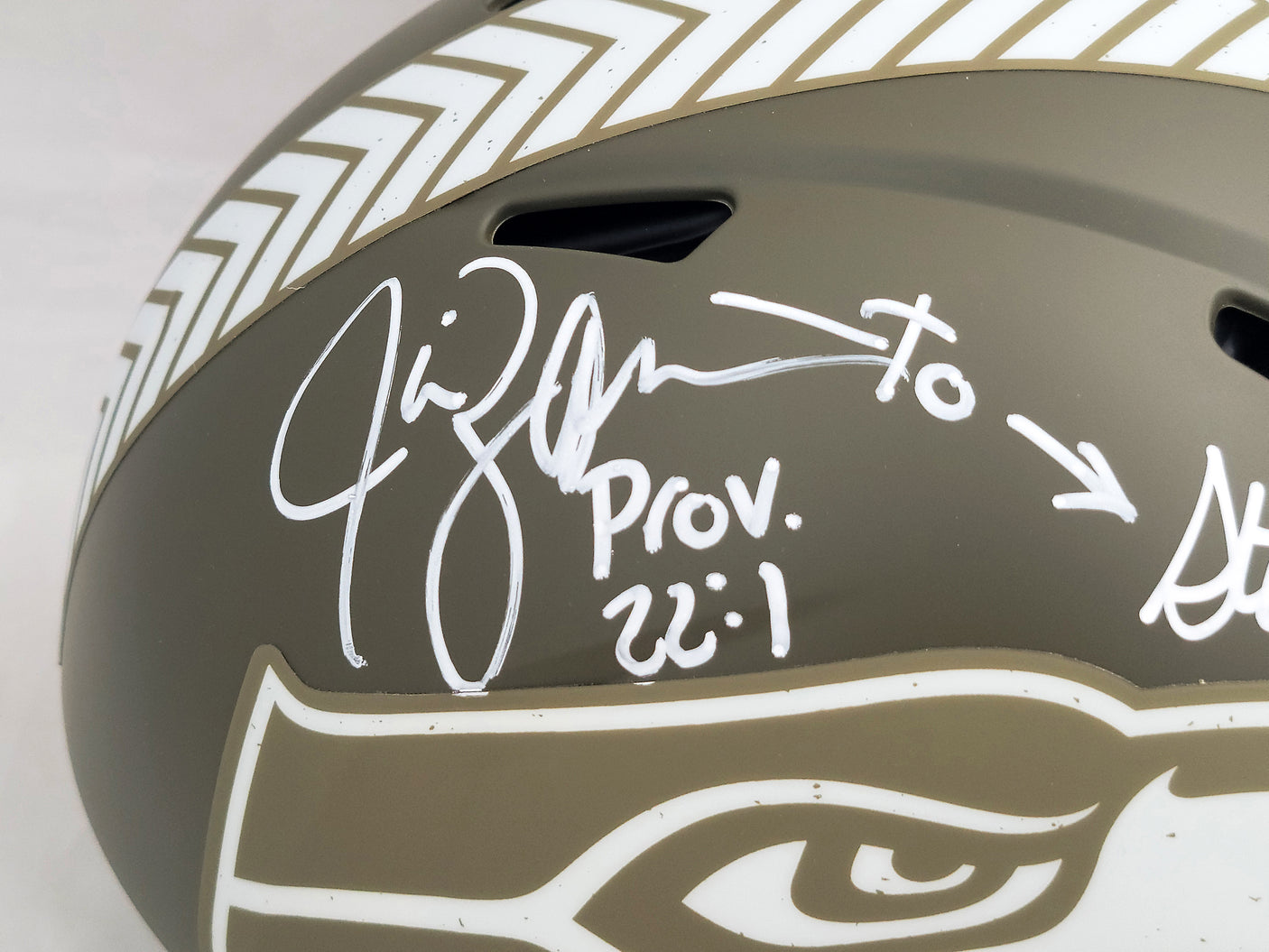 Steve Largent & Jim Zorn Autographed Seattle Seahawks Camo Salute To Service Full Size Authentic Speed Helmet "TD Seahawks!" MCS Holo Stock #210442