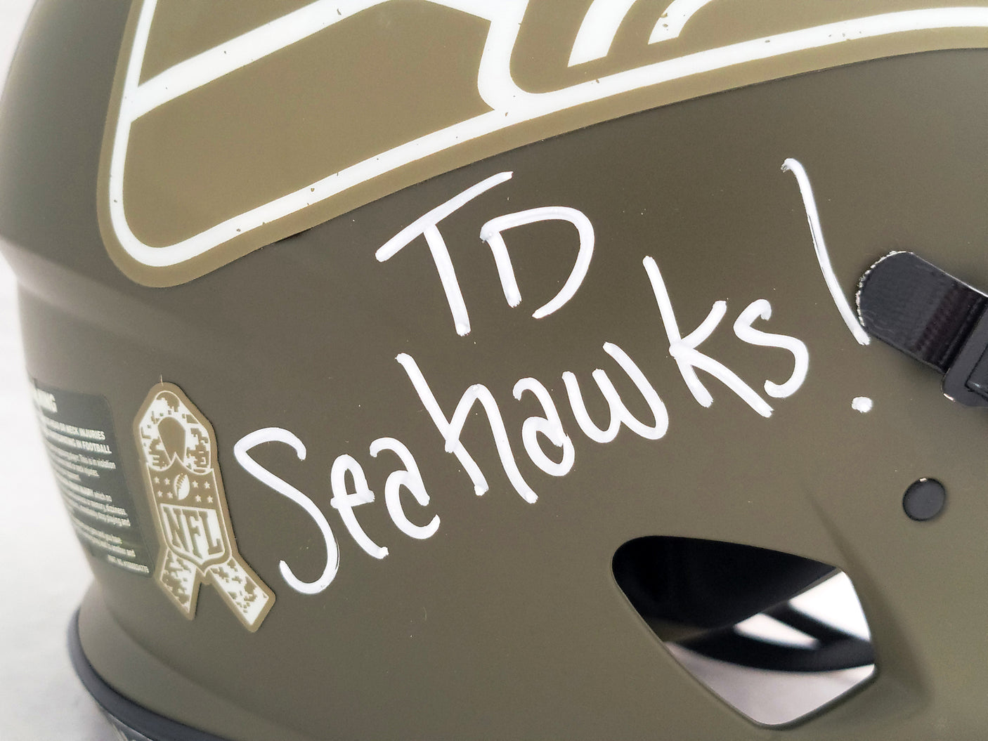 Steve Largent & Jim Zorn Autographed Seattle Seahawks Camo Salute To Service Full Size Authentic Speed Helmet "TD Seahawks!" MCS Holo Stock #210442