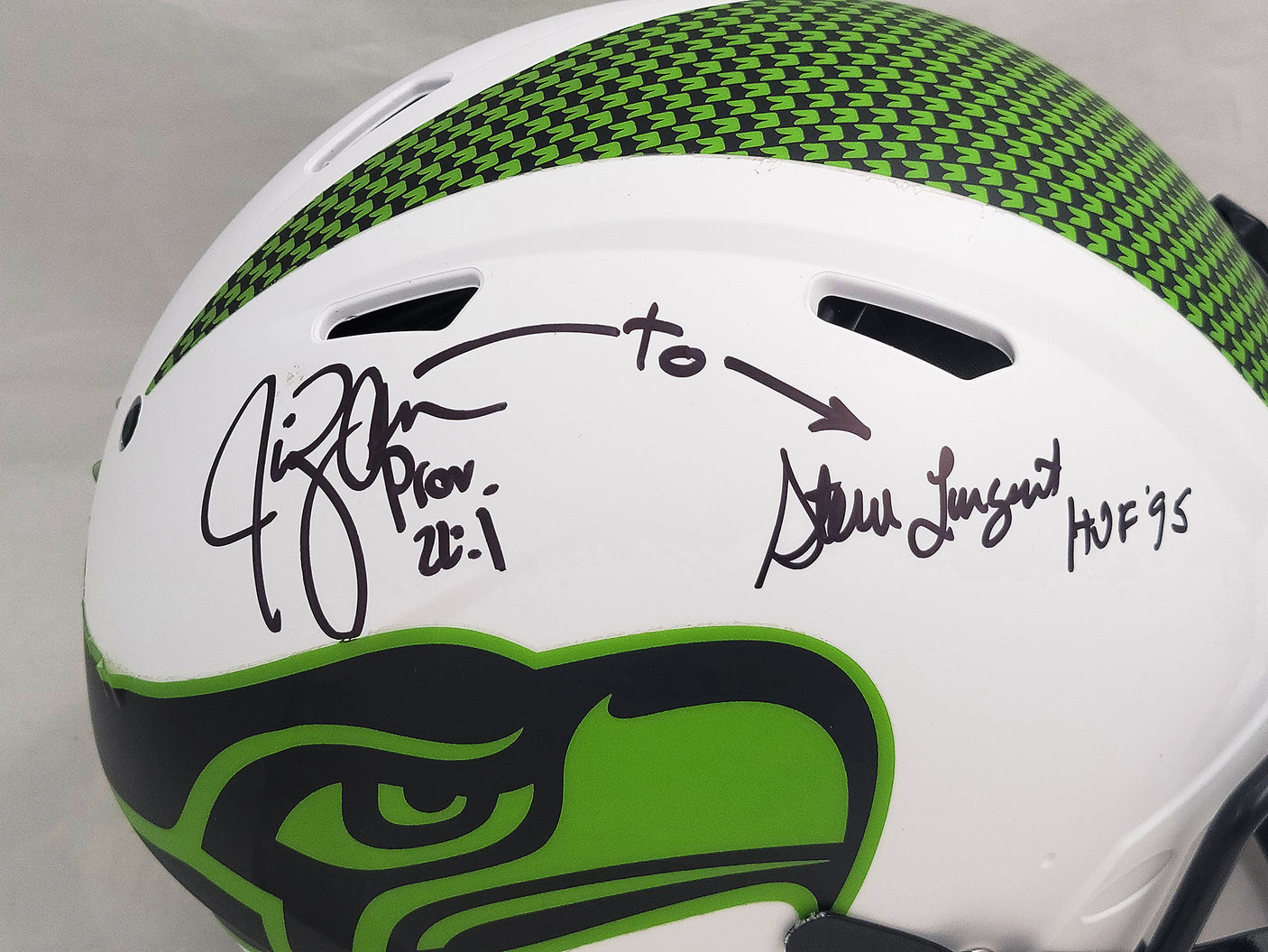 Steve Largent & Jim Zorn Autographed Seattle Seahawks Lunar Eclipse White Full Size Authentic Speed Helmet "TD Seahawks!" MCS Holo Stock #210446