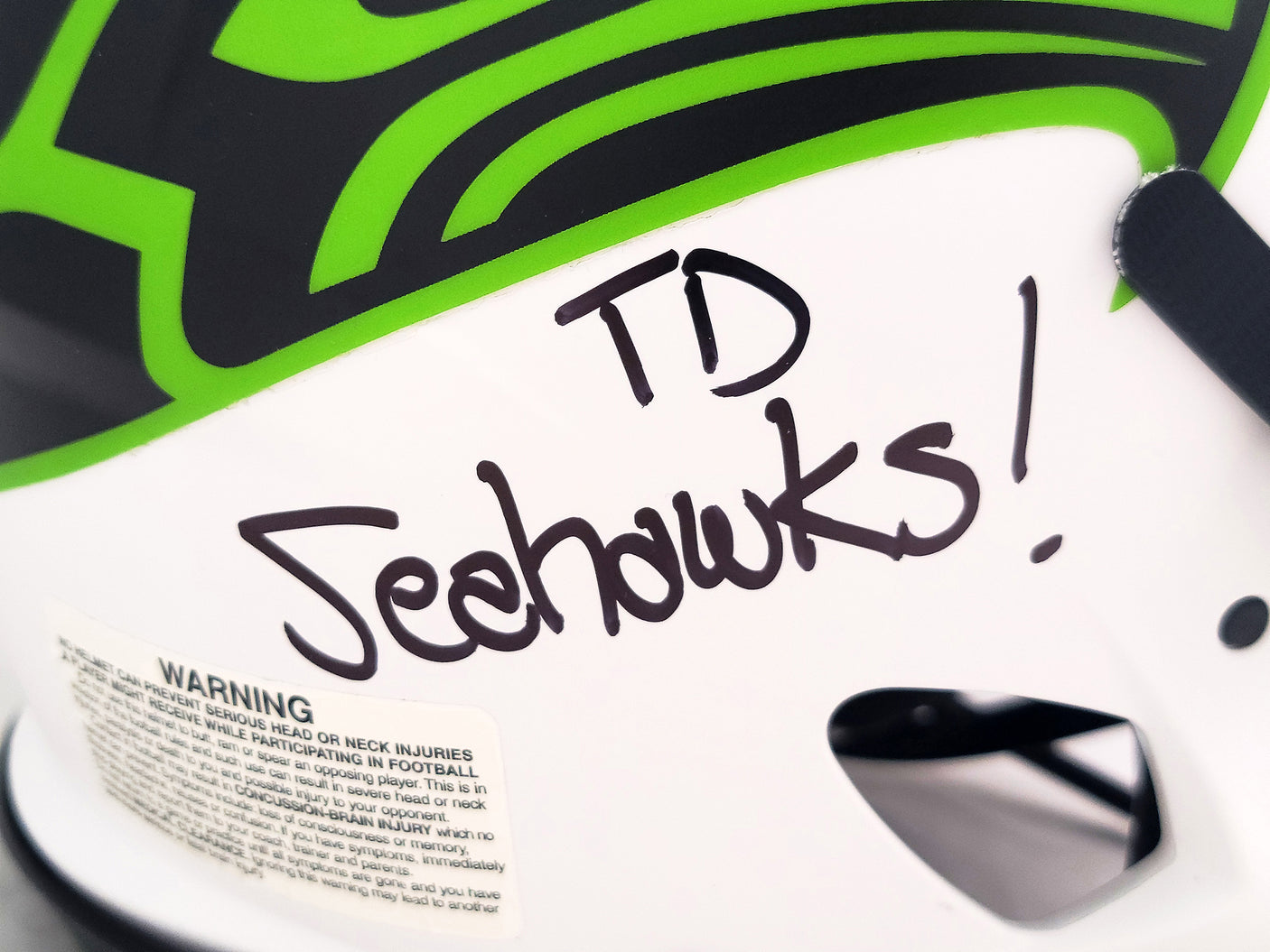 Steve Largent & Jim Zorn Autographed Seattle Seahawks Lunar Eclipse White Full Size Authentic Speed Helmet "TD Seahawks!" MCS Holo Stock #210446