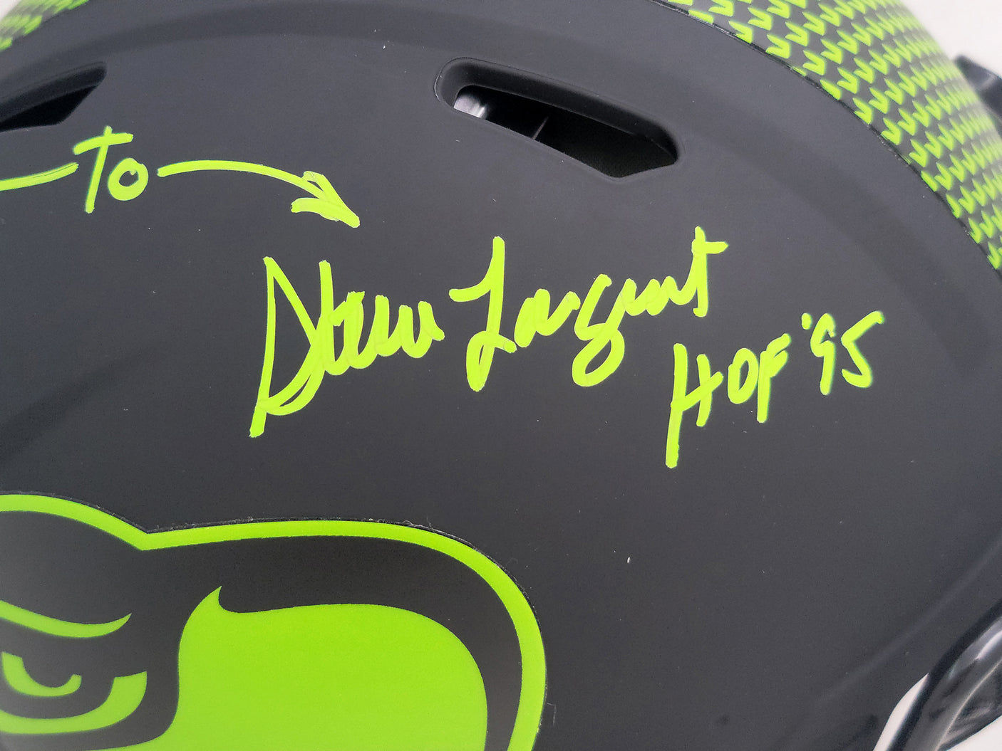 Steve Largent & Jim Zorn Autographed Seattle Seahawks Eclipse Black Full Size Authentic Speed Helmet "TD Seahawks!" MCS Holo Stock #210444
