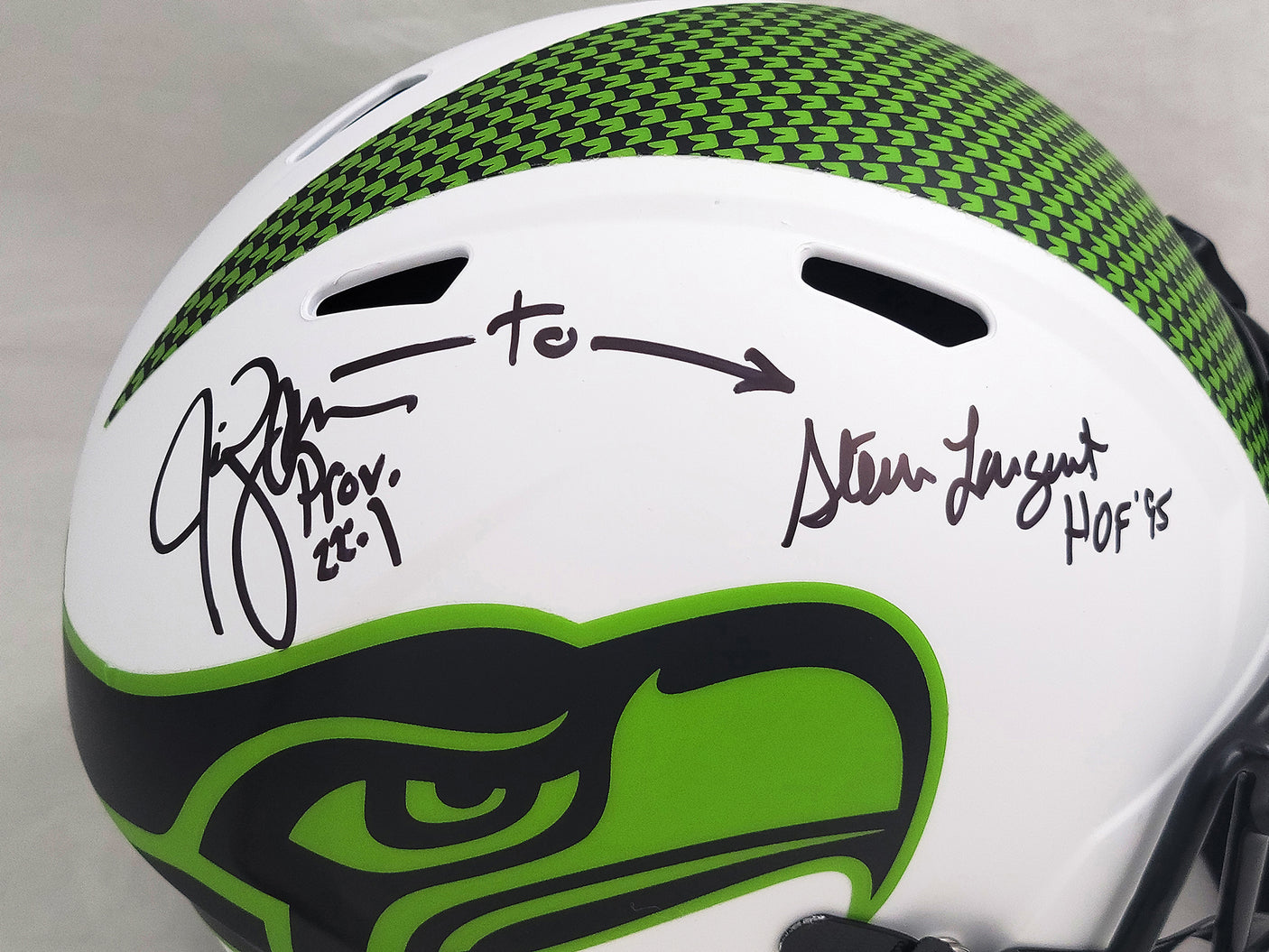 Steve Largent & Jim Zorn Autographed Seattle Seahawks Lunar Eclipse White Full Size Replica Speed Helmet MCS Holo Stock #210447