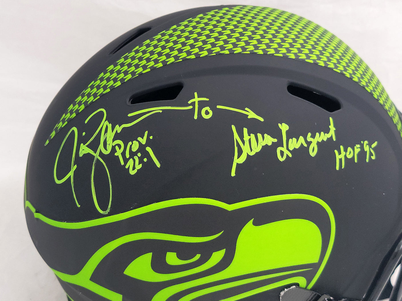 Steve Largent & Jim Zorn Autographed Seattle Seahawks Eclipse Black Full Size Replica Speed Helmet MCS Holo Stock #210445