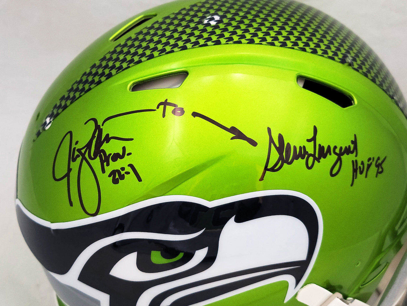 Steve Largent & Jim Zorn Autographed Seattle Seahawks Flash Green Full Size Authentic Speed Helmet "TD Seahawks!" MCS Holo Stock #210448