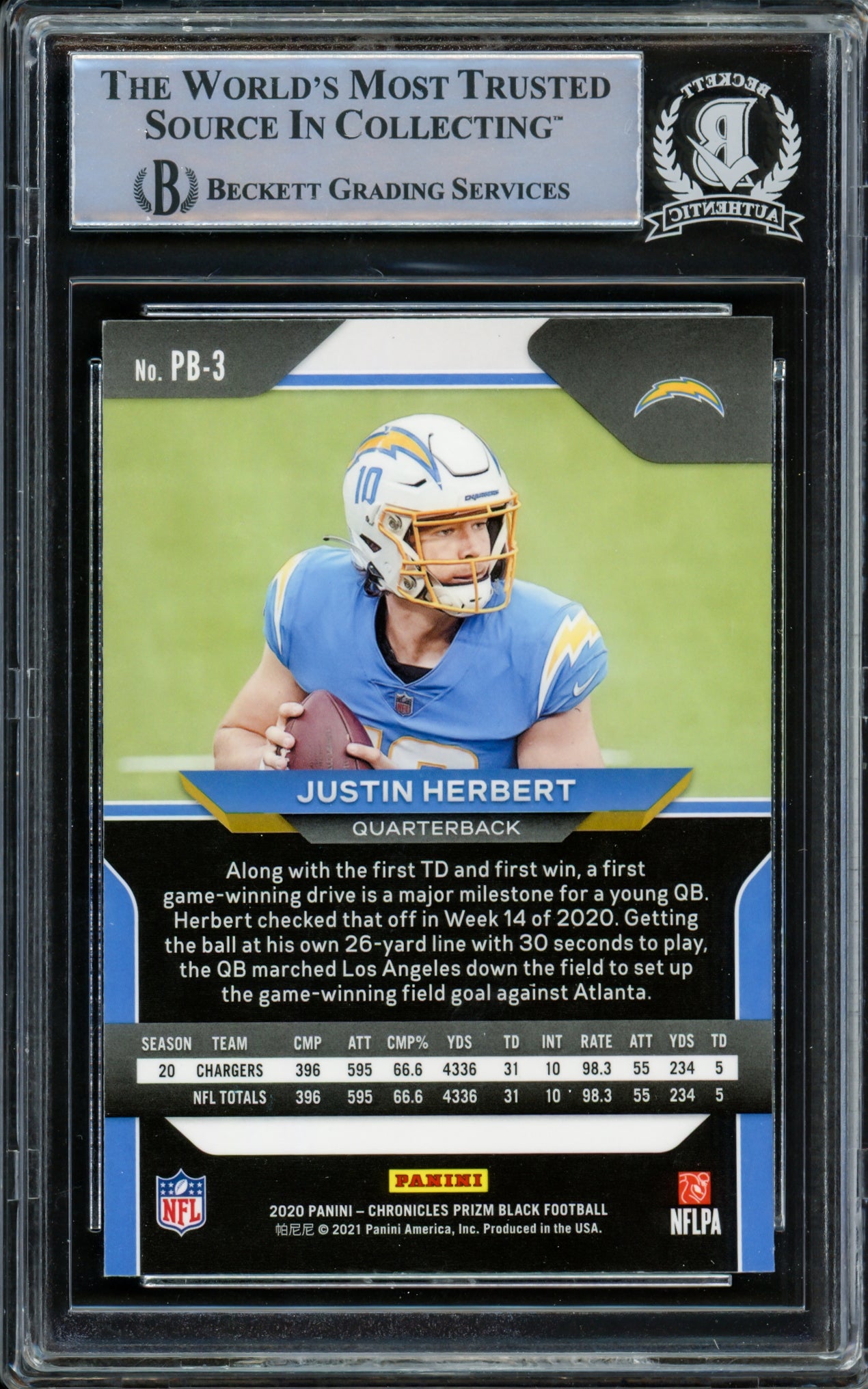 Justin Herbert Autographed 2020 Panini Prizm Black Rookie Card #PB-3 Los Angeles Chargers Beckett BAS #14860671