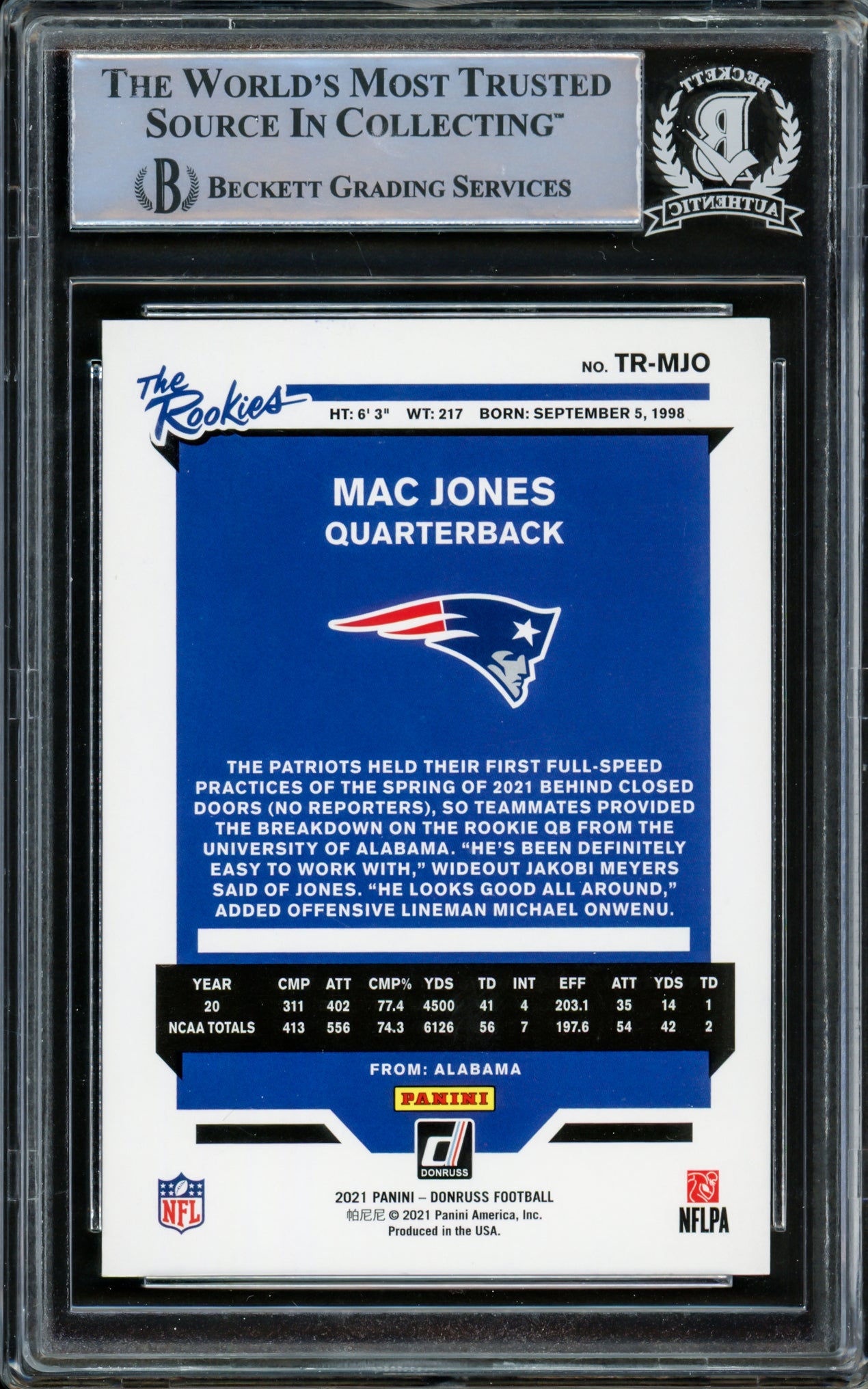 Mac Jones Autographed 2021 Panini Donruss The Rookies Rookie Card #TR-MJO New England Patriots Beckett BAS #14860688