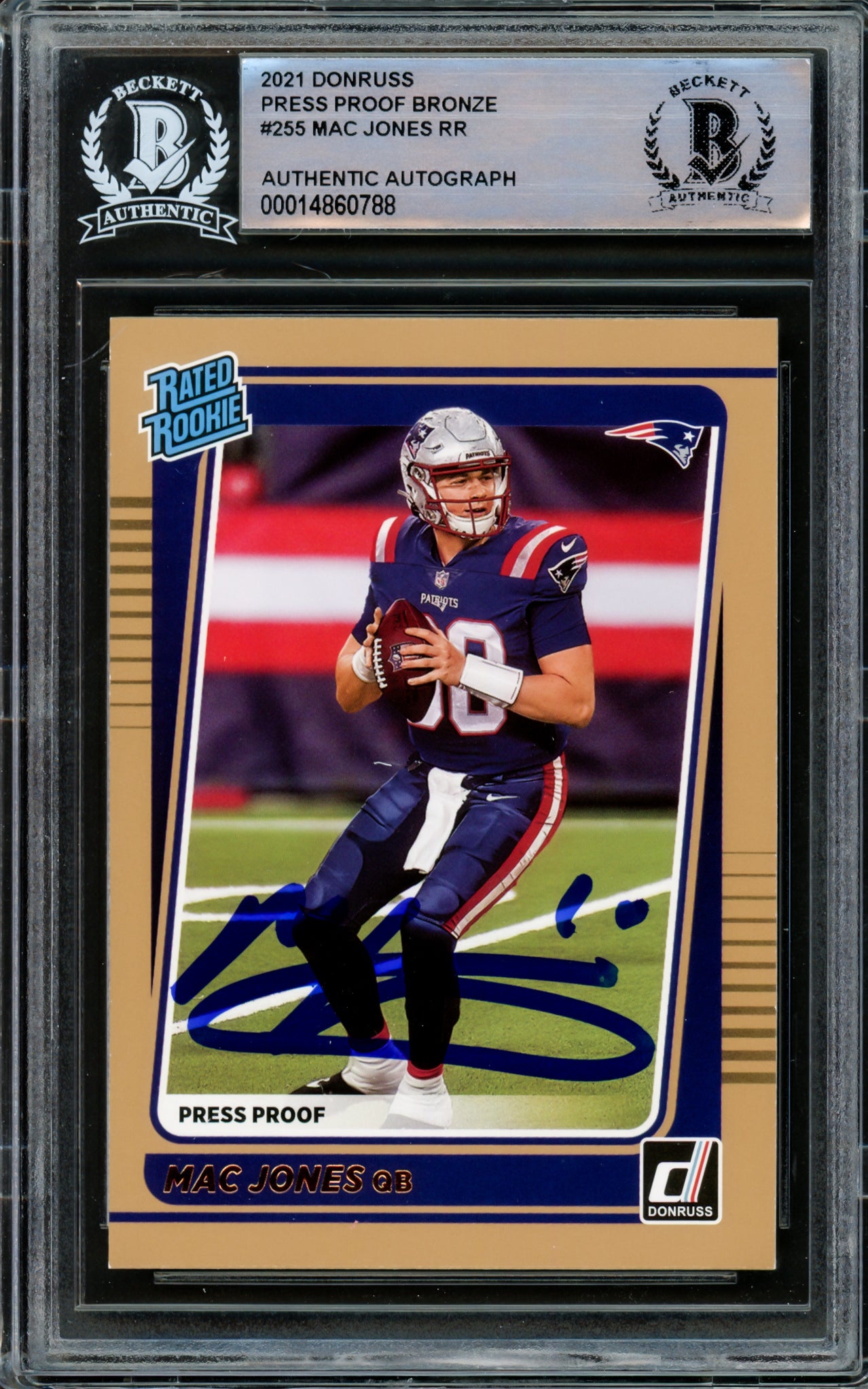 Mac Jones Autographed 2021 Donruss Rated Rookie Bronze Press Proof Rookie Card #255 New England Patriots Beckett BAS #14860788