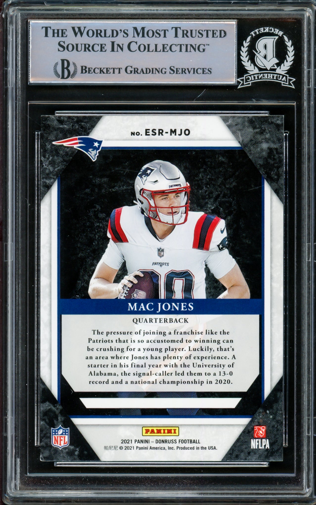 Mac Jones Autographed 2021 Donruss Elite Series Rookies Rookie Card #ESR-MJO New England Patriots Beckett BAS #14860822