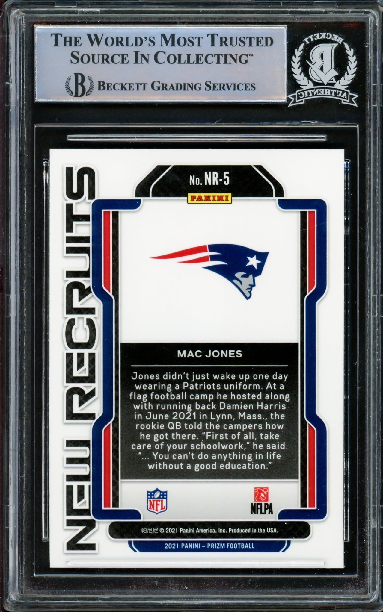 Mac Jones Autographed 2021 Panini Prizm New Recruits Rookie Card #NR-5 New England Patriots Beckett BAS #14860962