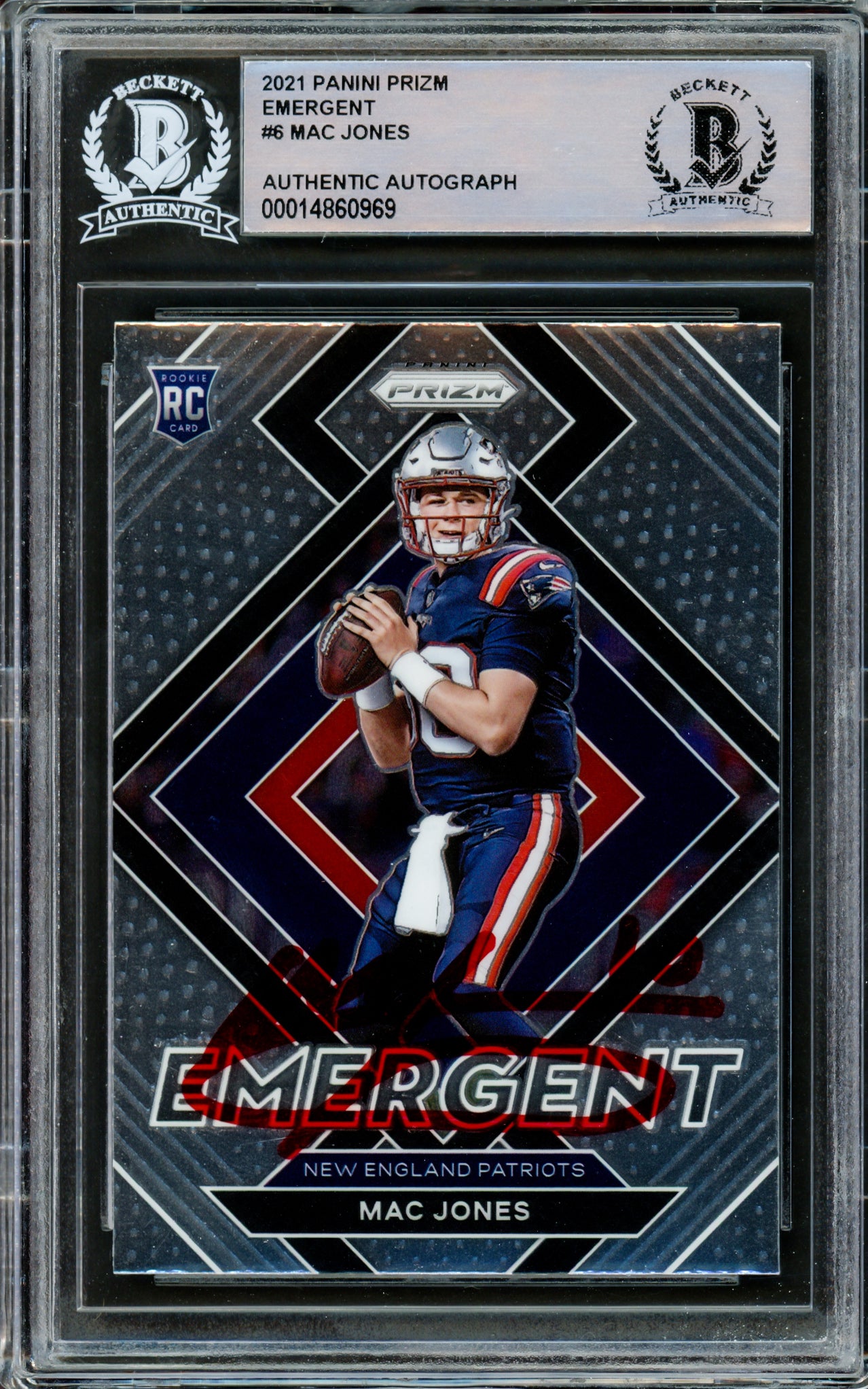 Mac Jones Autographed 2021 Panini Prizm Emergent Rookie Card #E-6 New England Patriots Beckett BAS #14860969