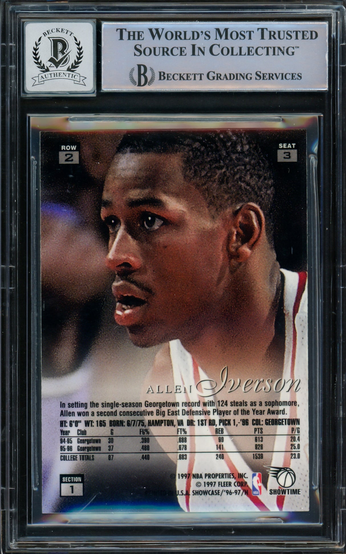 Allen Iverson Autographed 1996-97 Flair Showcase Rookie Card #Row 2 Philadelphia 76ers Auto Grade Gem Mint 10 Beckett BAS #14866804