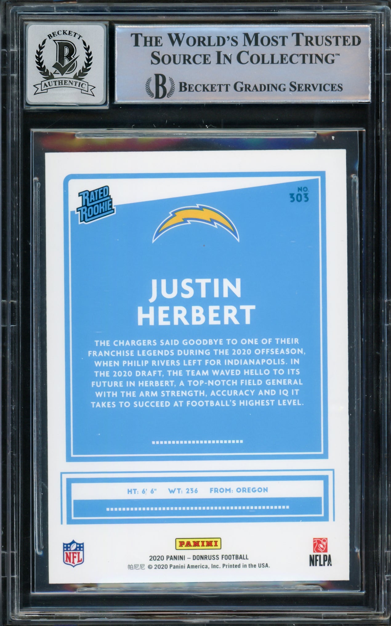 Justin Herbert Autographed 2020 Panini Donruss Rated Rookie Yellow Rookie Card #303 Los Angeles Chargers Auto Grade Gem Mint 10 Beckett BAS #14867186