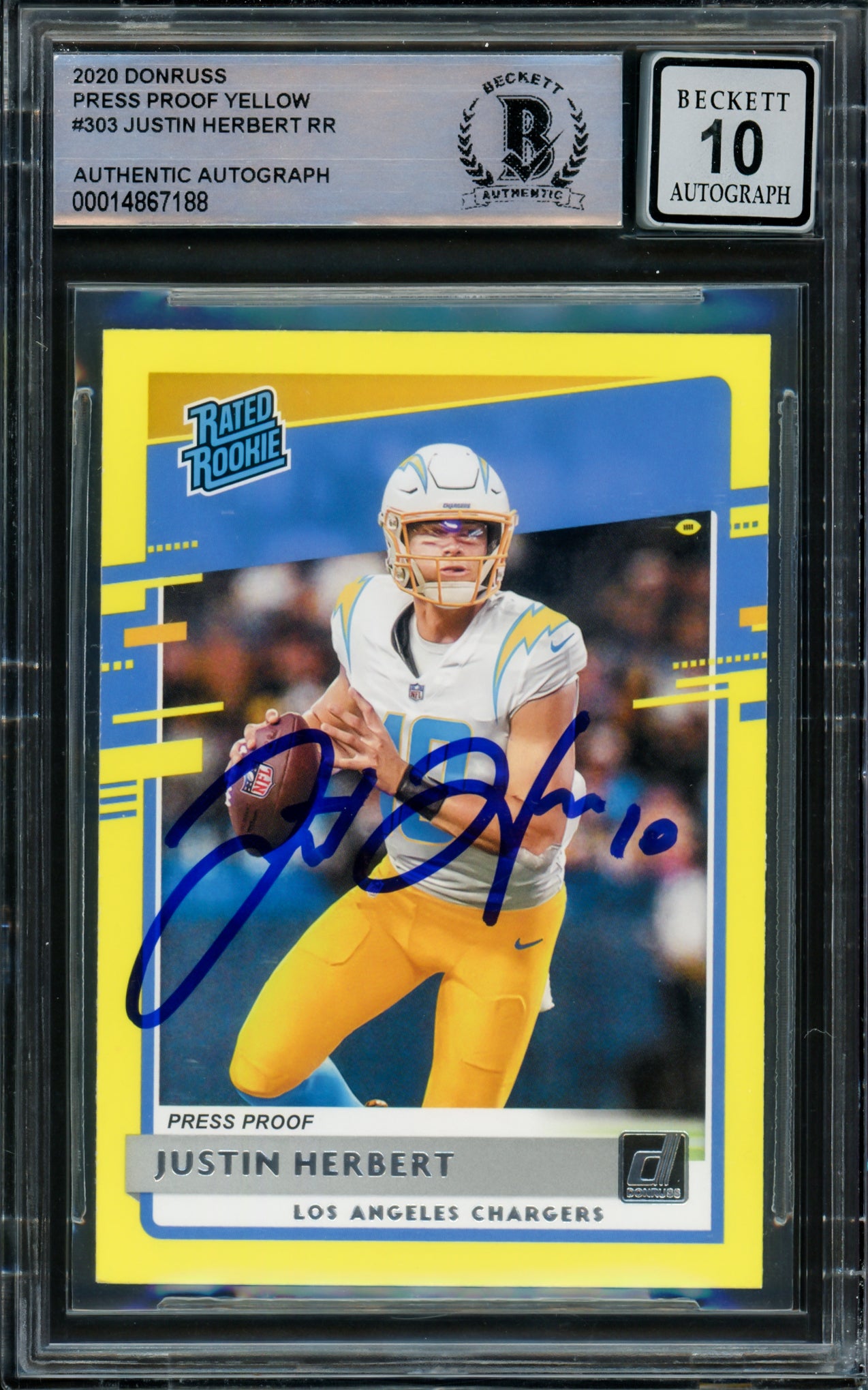 Justin Herbert Autographed 2020 Panini Donruss Rated Rookie Yellow Rookie Card #303 Los Angeles Chargers Auto Grade Gem Mint 10 Beckett BAS #14867188