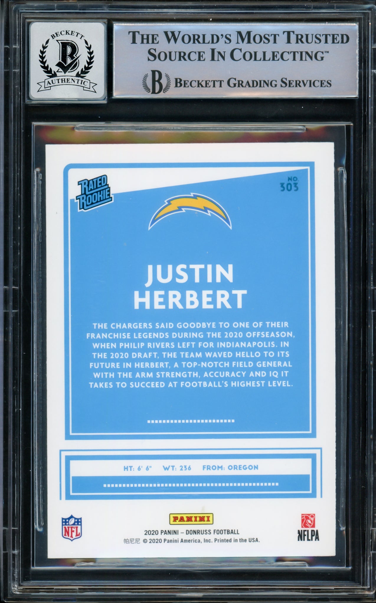 Justin Herbert Autographed 2020 Panini Donruss Rated Rookie Yellow Rookie Card #303 Los Angeles Chargers Auto Grade Gem Mint 10 Beckett BAS #14867188
