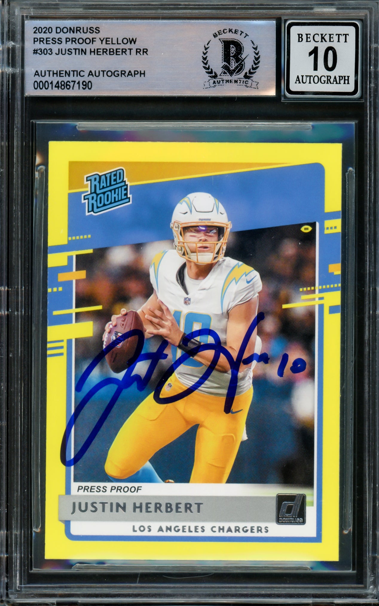 Justin Herbert Autographed 2020 Panini Donruss Rated Rookie Yellow Rookie Card #303 Los Angeles Chargers Auto Grade Gem Mint 10 Beckett BAS #14867190