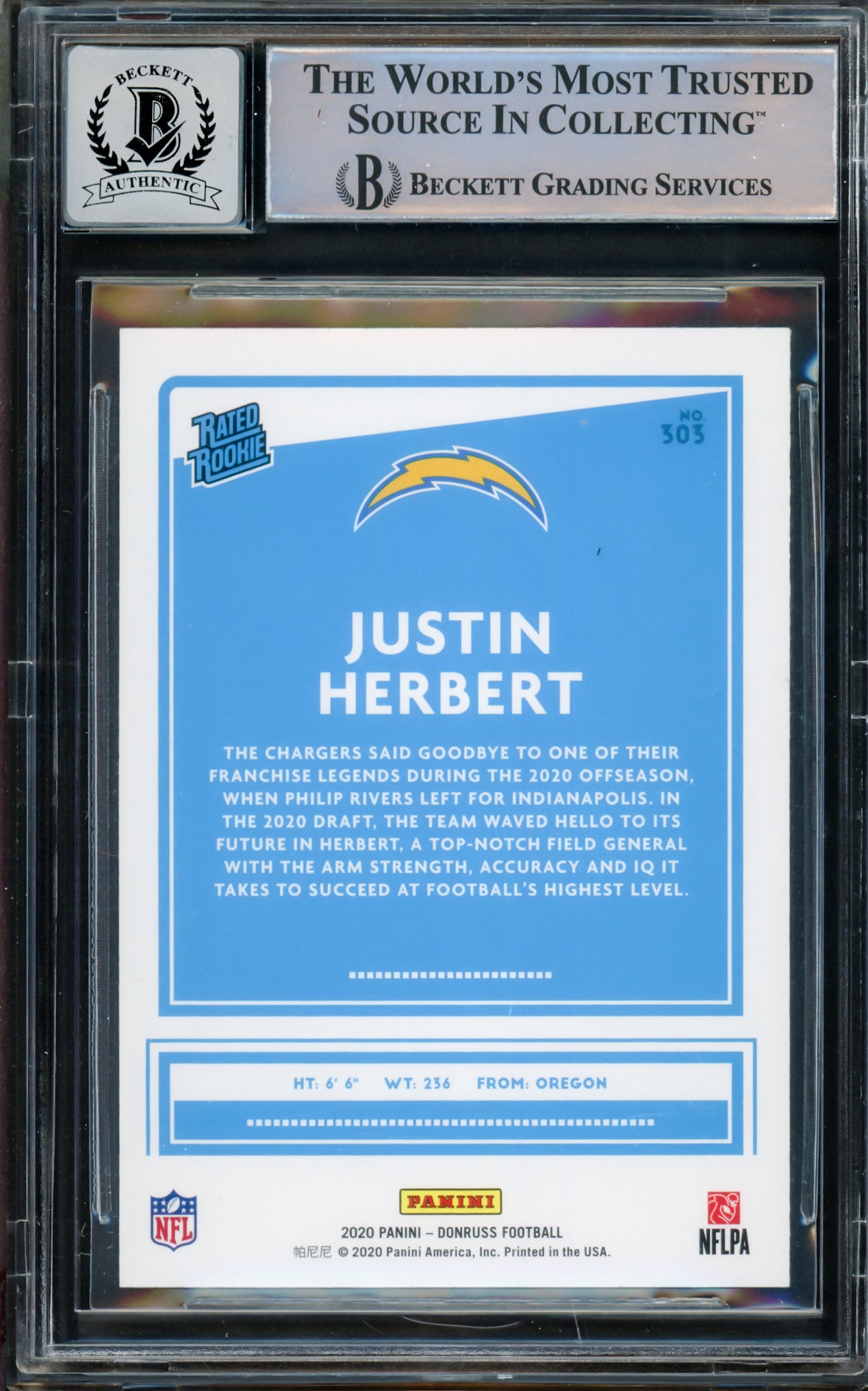 Justin Herbert Autographed 2020 Panini Donruss Rated Rookie Yellow Rookie Card #303 Los Angeles Chargers Auto Grade Gem Mint 10 Beckett BAS #14867190
