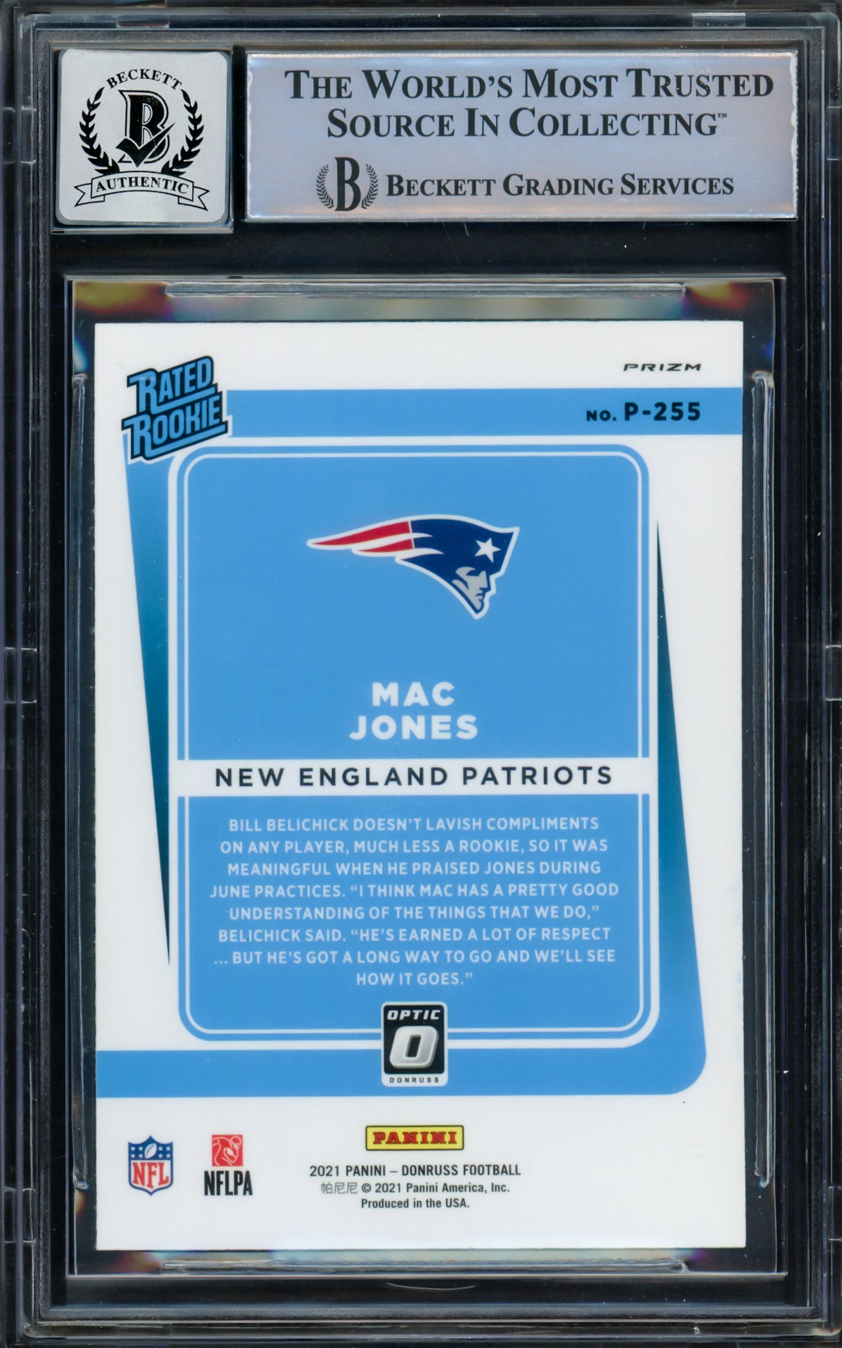 Mac Jones Autographed 2021 Donruss Optic Preview Pink Rookie Card #P-255 New England Patriots Auto Grade Gem Mint 10 Beckett BAS #14867229
