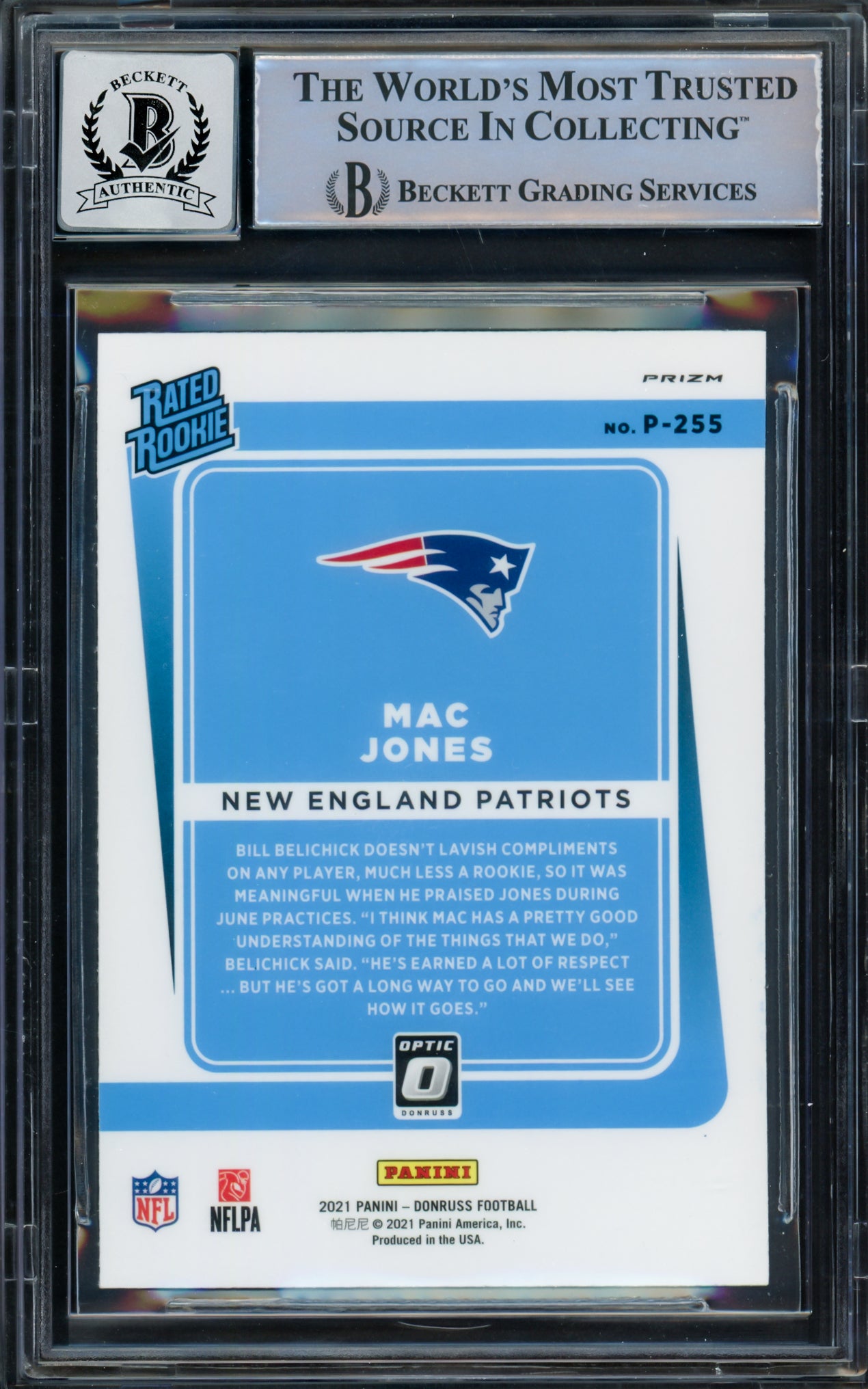 Mac Jones Autographed 2021 Donruss Optic Preview Pink Rookie Card #P-255 New England Patriots Auto Grade Gem Mint 10 Beckett BAS #14867229
