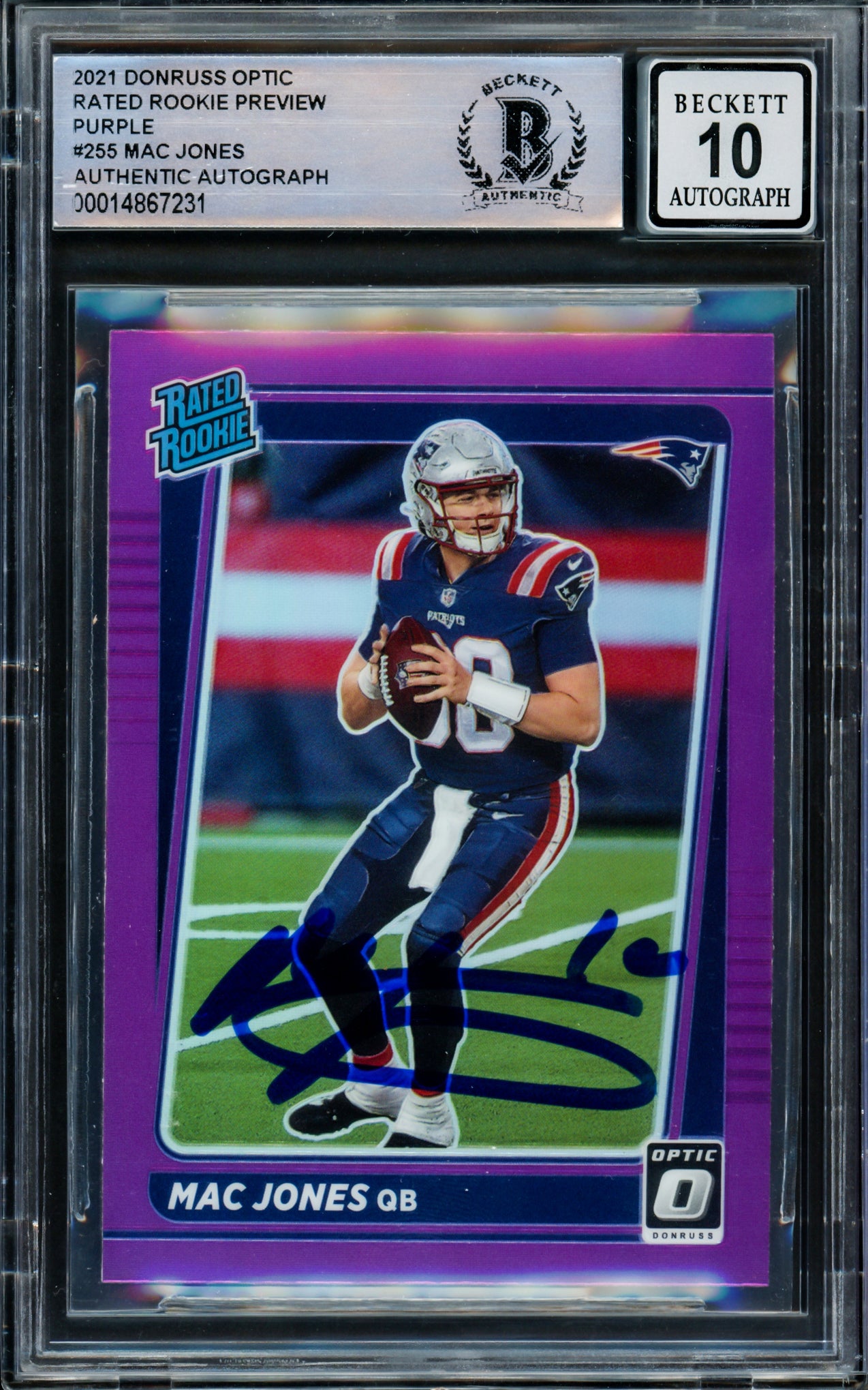 Mac Jones Autographed 2021 Donruss Optic Preview Purple Rookie Card #P-255 New England Patriots Auto Grade Gem Mint 10 Beckett BAS #14867231