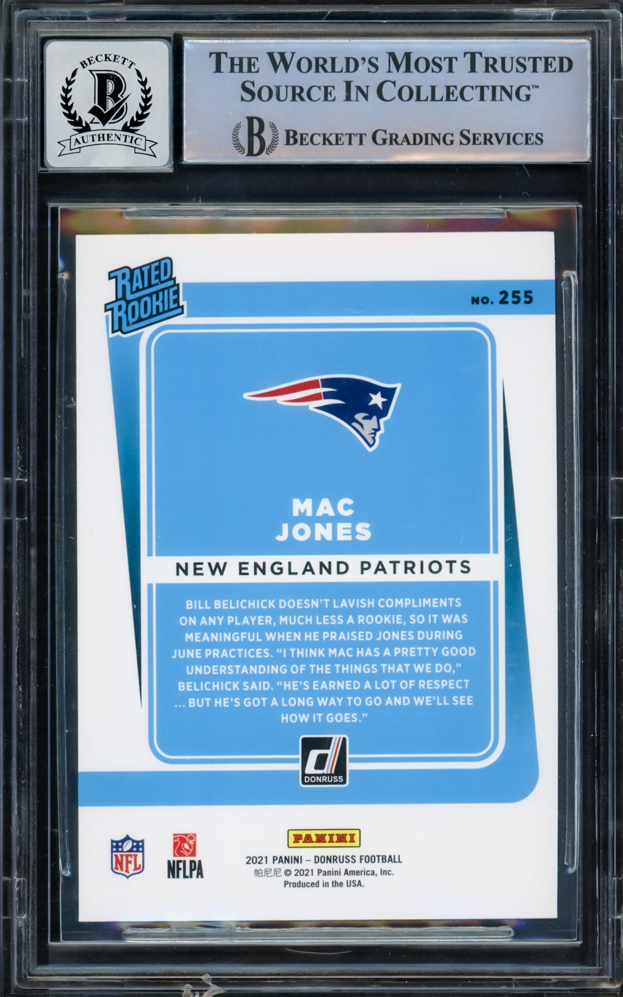 Mac Jones Autographed 2021 Donruss Rated Rookie Yellow Press Proof Rookie Card #255 New England Patriots Auto Grade Gem Mint 10 Beckett BAS #14867218