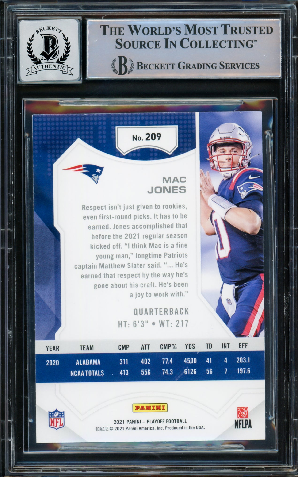 Mac Jones Autographed 2021 Panini Playbook Kickoff Rookie Card #209 New England Patriots Auto Grade Gem Mint 10 Beckett BAS #14867245