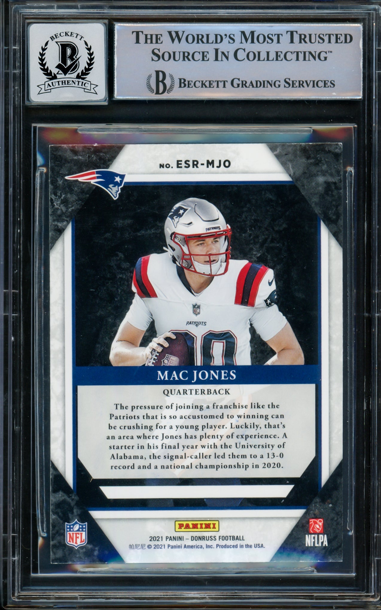 Mac Jones Autographed 2021 Donruss Elite Series Rookies Rookie Card #ESR-MJO New England Patriots Auto Grade Gem Mint 10 Beckett BAS #14867247