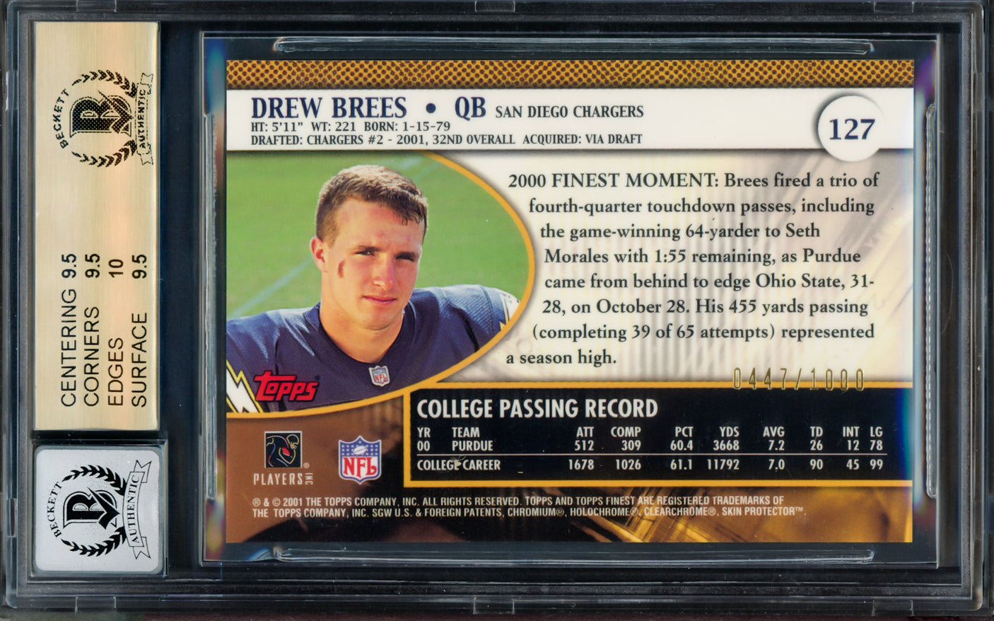 Drew Brees Autographed 2001 Topps Finest Rookie Card #127 San Diego Chargers BGS 9.5 Auto Grade Gem Mint 10 Highest Graded Beckett BAS #14323693