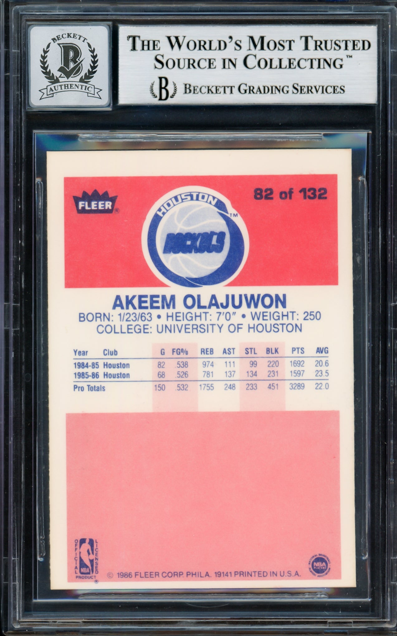Hakeem Olajuwon Autographed 1986-87 Fleer Rookie Card #82 Houston Rockets Auto Grade Gem Mint 10 "The Dream" Beckett BAS #14127419