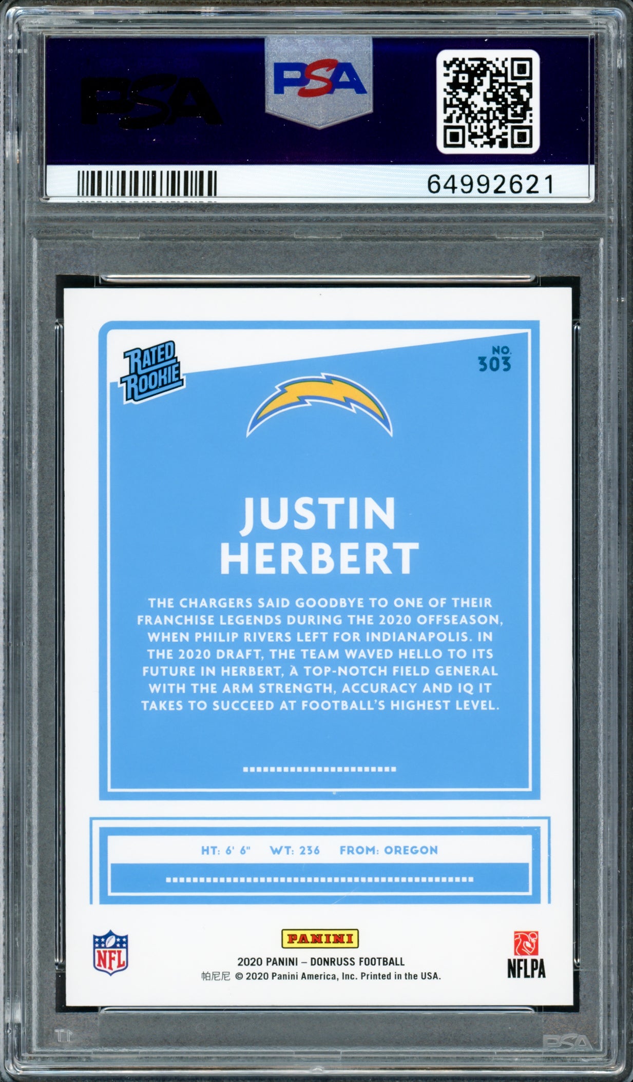 Justin Herbert Autographed 2020 Panini Donruss Rated Rookie Card #303 Los Angeles Chargers PSA 10 Auto Grade Gem Mint 10 PSA/DNA #64992621