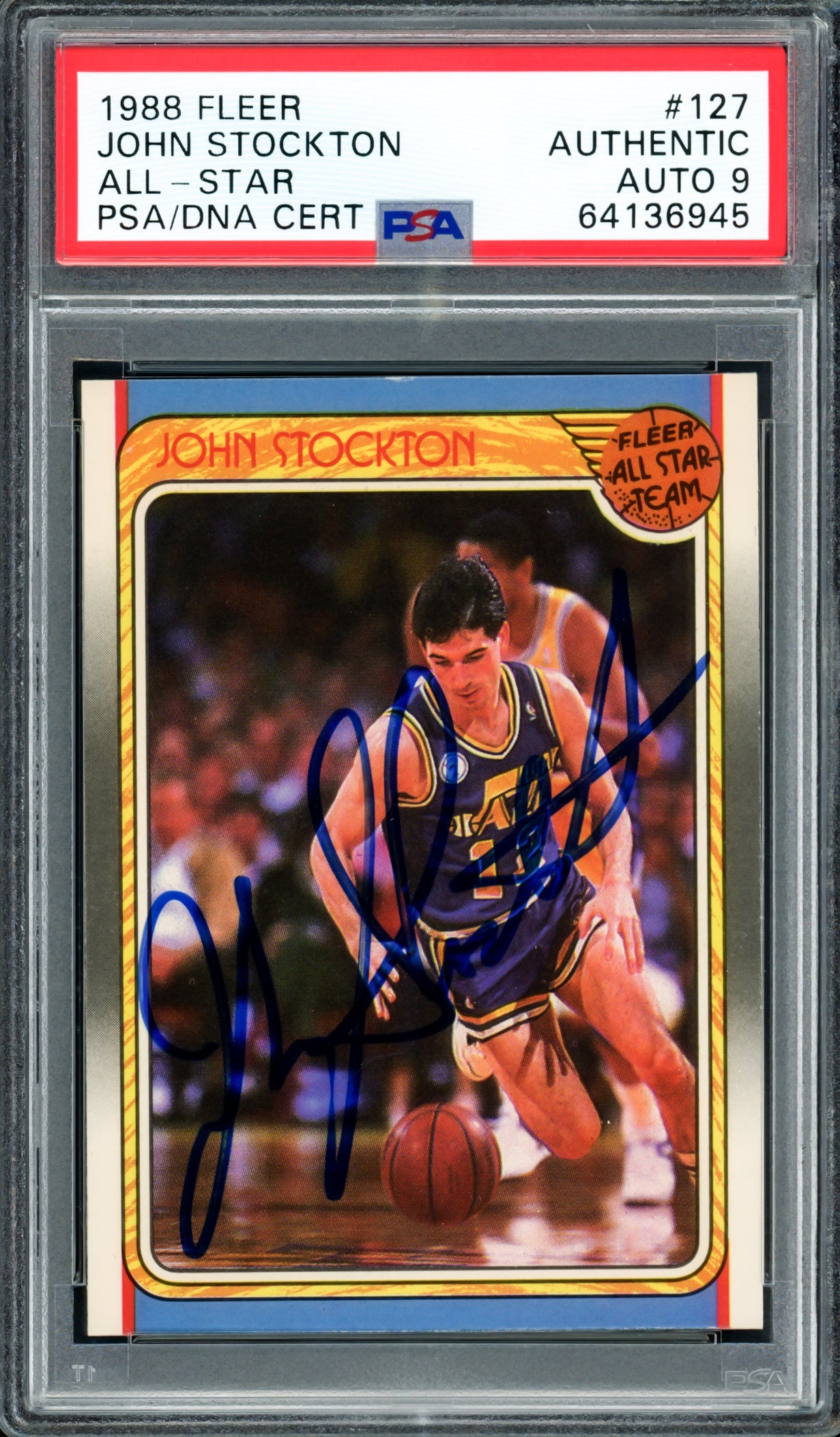 John Stockton Autographed 1988-89 Fleer All Star Rookie Card #127 Utah Jazz Auto Grade Mint 9 PSA/DNA #64136945