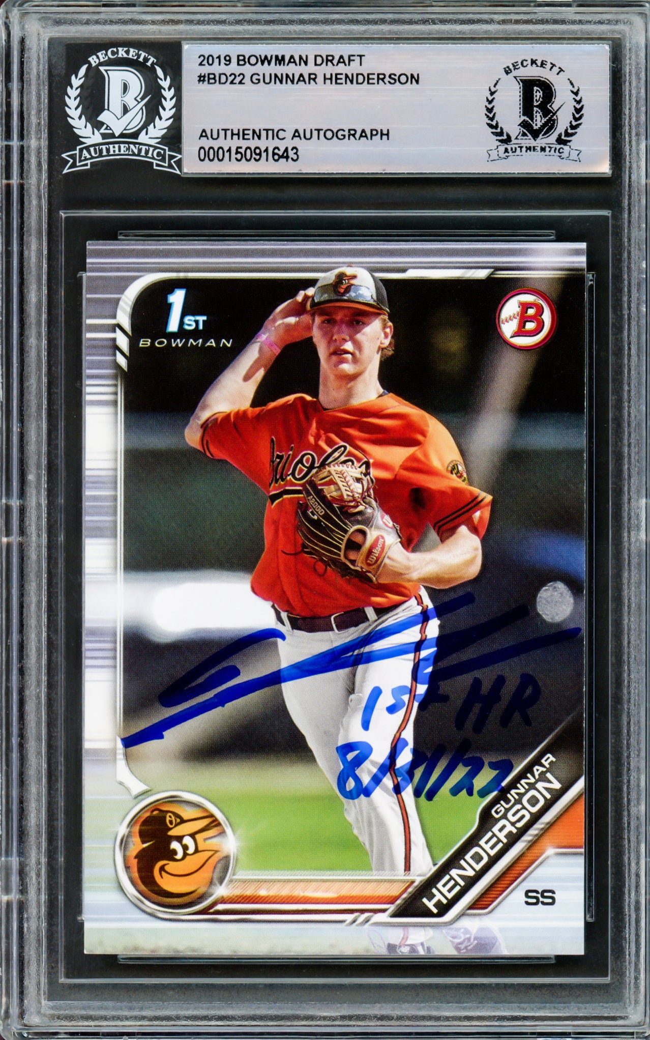 Gunnar Henderson Autographed 2019 Bowman Draft Rookie Card #BD-22 Baltimore Orioles "1st HR 8/31/22" Beckett BAS Stock #210836
