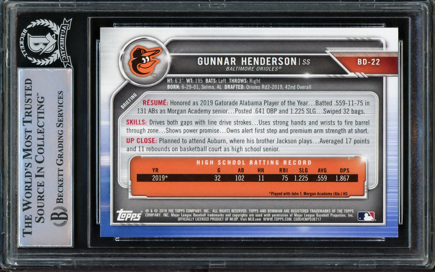 Gunnar Henderson Autographed 2019 Bowman Draft Rookie Card #BD-22 Baltimore Orioles "1st HR 8/31/22" Beckett BAS Stock #210836