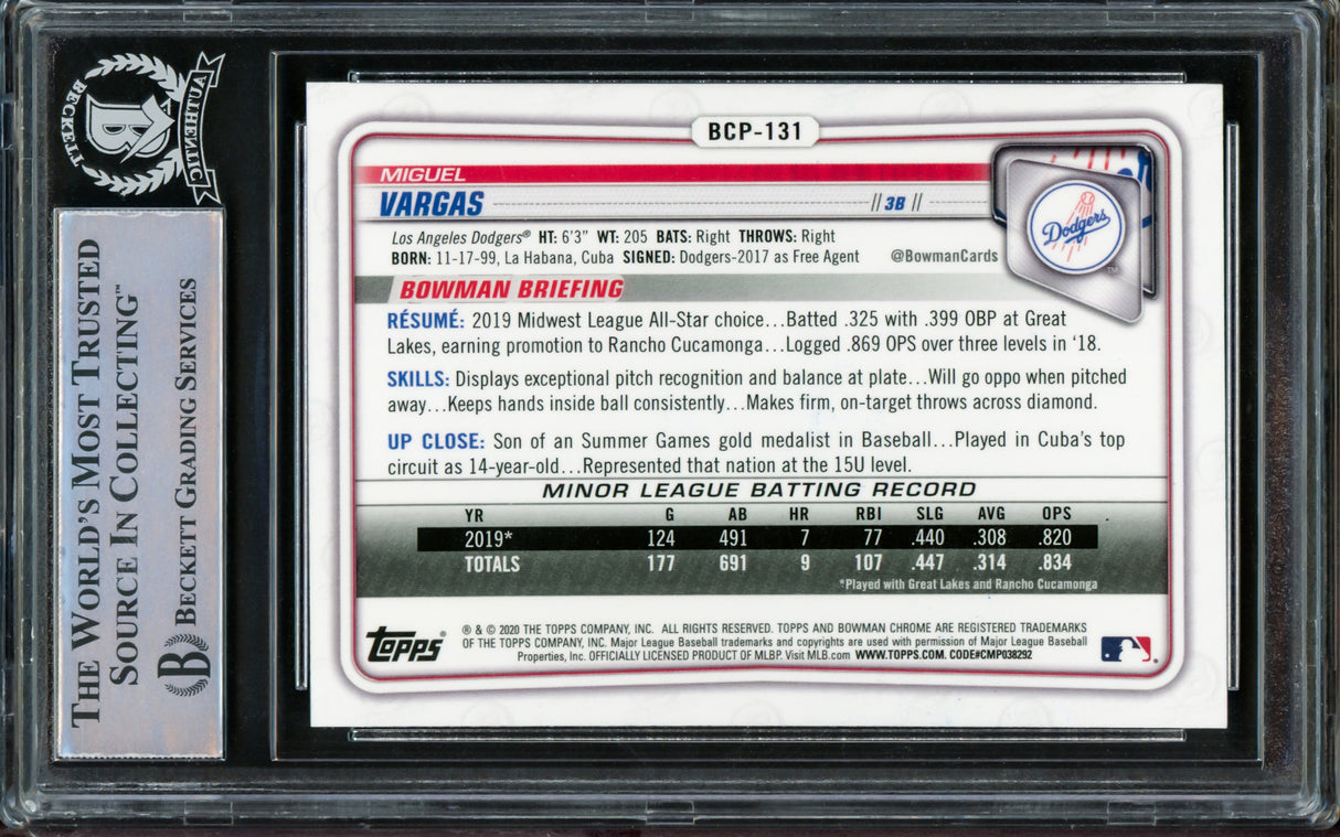 Miguel Vargas Autographed 2020 Bowman Chrome Rookie Card #BCP-131 Dodgers, White Sox "1st MLB Hit 8/3/22" Beckett BAS Stock #210840