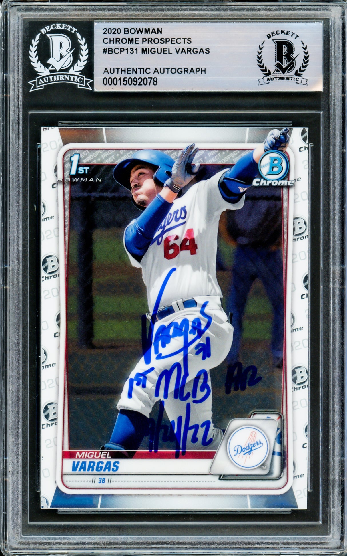 Miguel Vargas Autographed 2020 Bowman Chrome Rookie Card #BCP-131 Dodgers, White Sox "1st MLB HR 9/24/22" Beckett BAS Stock #210841