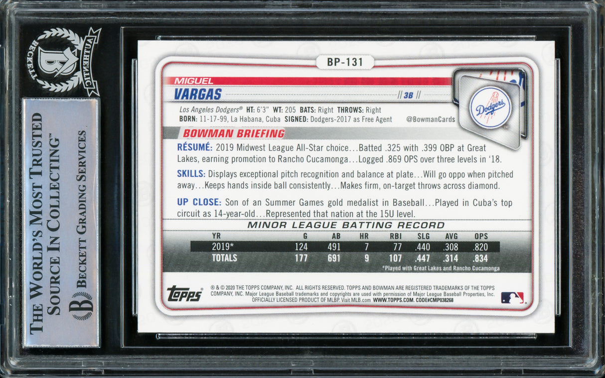 Miguel Vargas Autographed 2020 Bowman Prospects Rookie Card #BP-131 Dodgers, White Sox "1st MLB HR 9/24/22" Beckett BAS Stock #210843