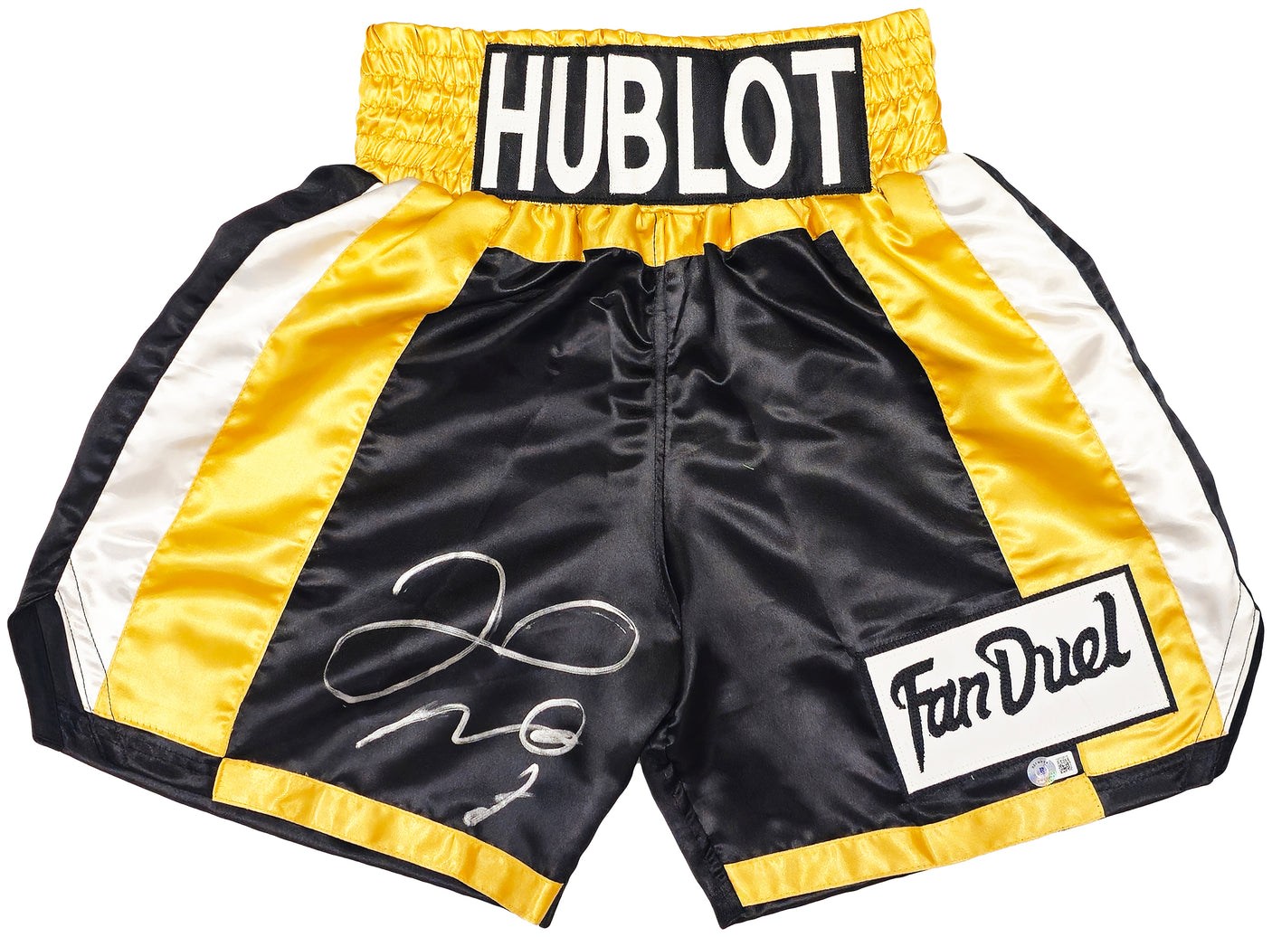 Floyd Mayweather Jr. Autographed Black & Gold Boxing Trunks Beckett BAS Witness Stock #221640