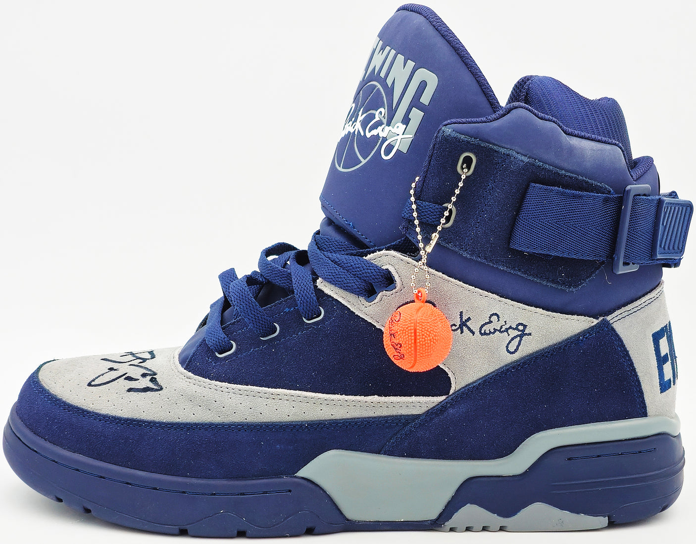 Patrick Ewing Autographed Navy & Grey Ewing Athletics 33 HI OG Left Shoe Georgetown Hoyas Size 14 W/ Box Beckett BAS Witness Stock #236557