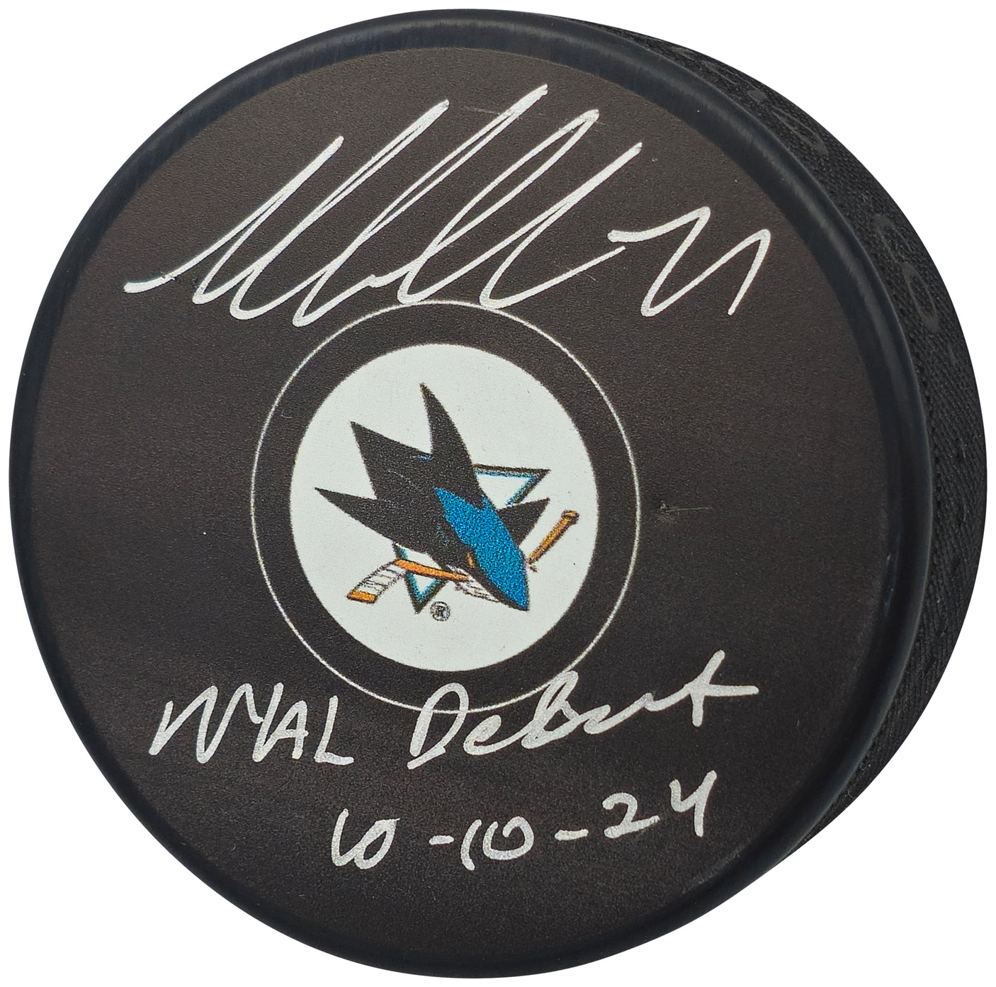 Macklin Celebrini Autographed Official San Jose Sharks Logo Hockey Puck "NHL Debut 10-10-24" Fanatics Holo Stock #236539