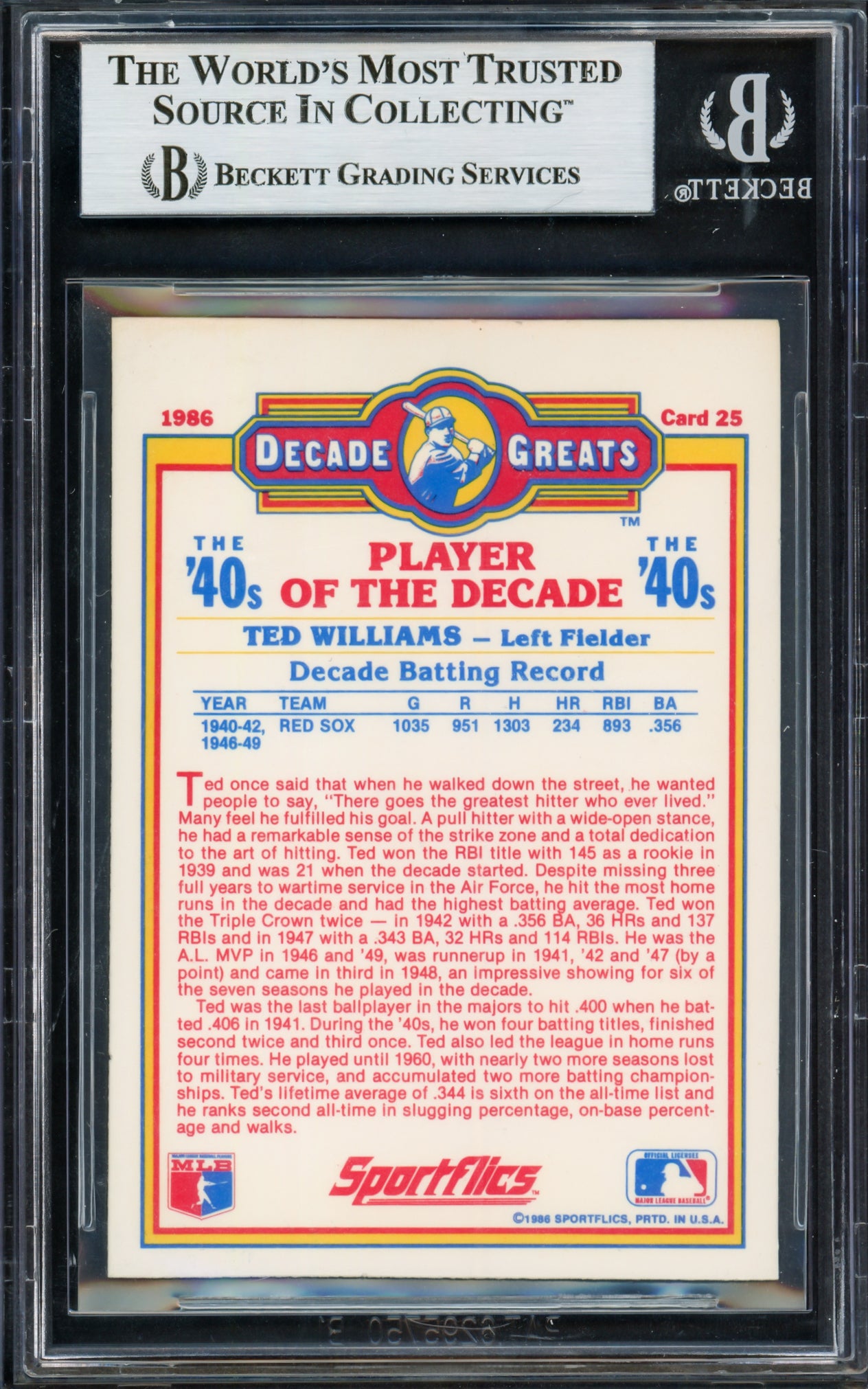 Ted Williams Autographed 1986 Sportflics Decade Greats Card #25 Boston Red Sox Beckett BAS #17060501