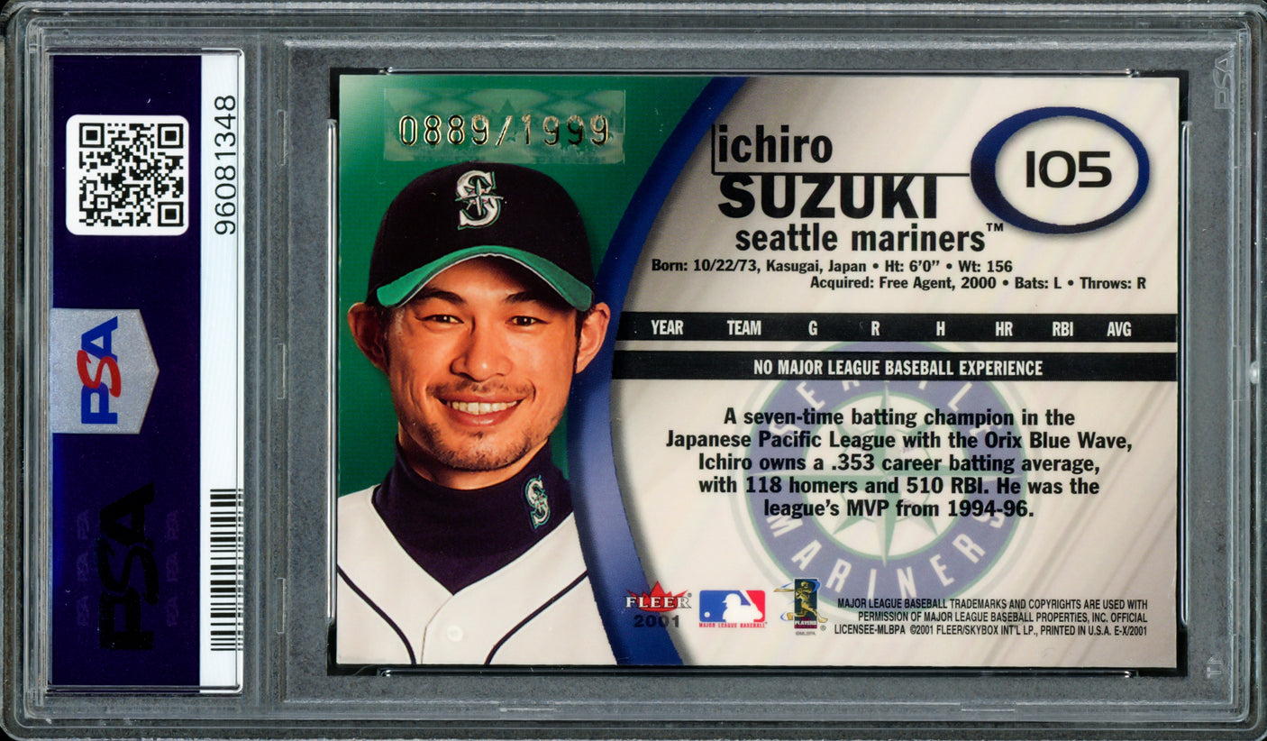 Ichiro Suzuki Autographed 2001 Fleer E-X Rookie Card #105 Seattle Mariners PSA 6 Auto Grade Gem Mint 10 #889/1999 PSA/DNA #96081348